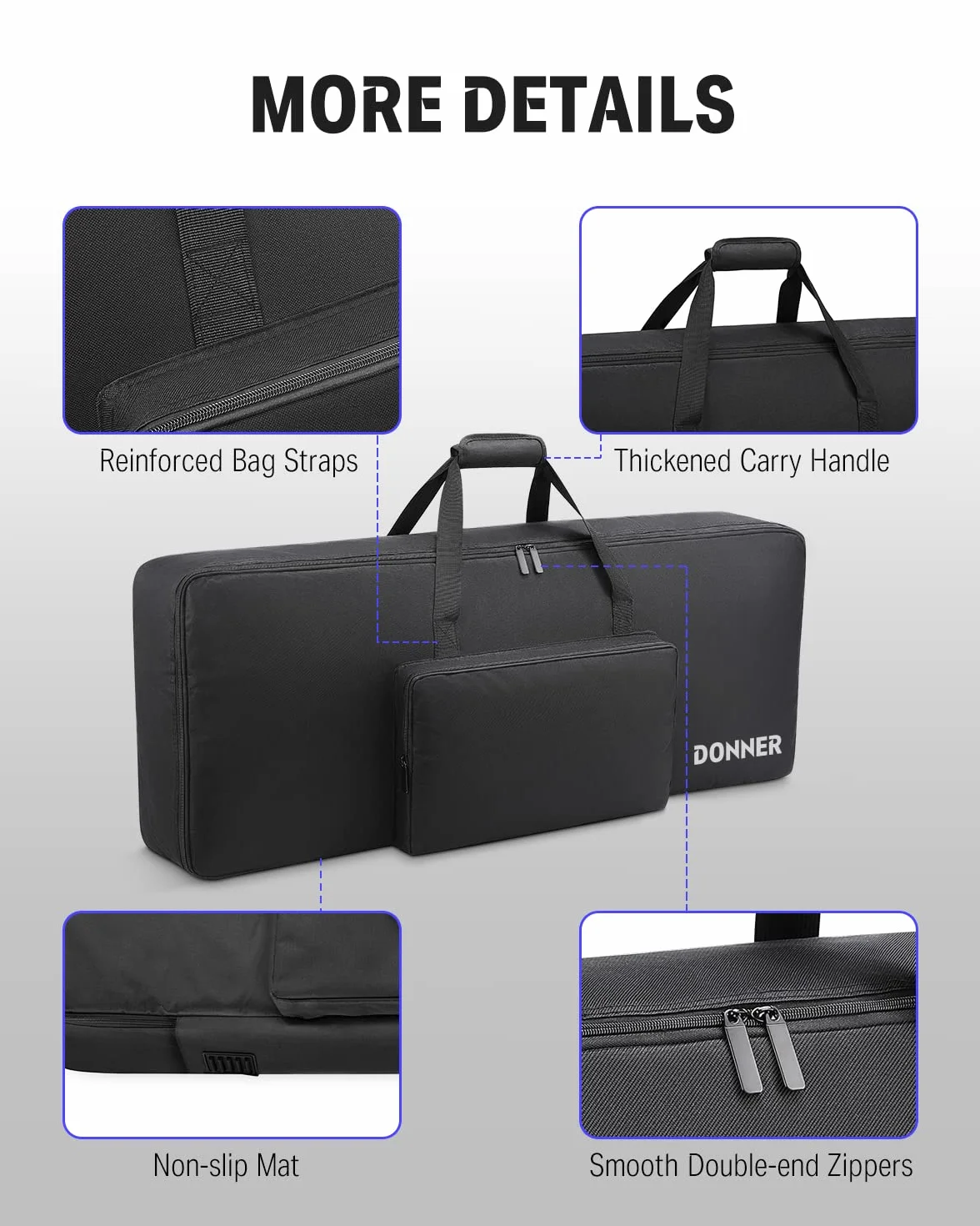 Donner Gig Bag z 61 klawiszami, solidna, 104 x 41 x 13 cm, 10 mm wyściełana obudowa fortepianu elektrycznego z uchwytem, nylon Oxford 600D, czarny