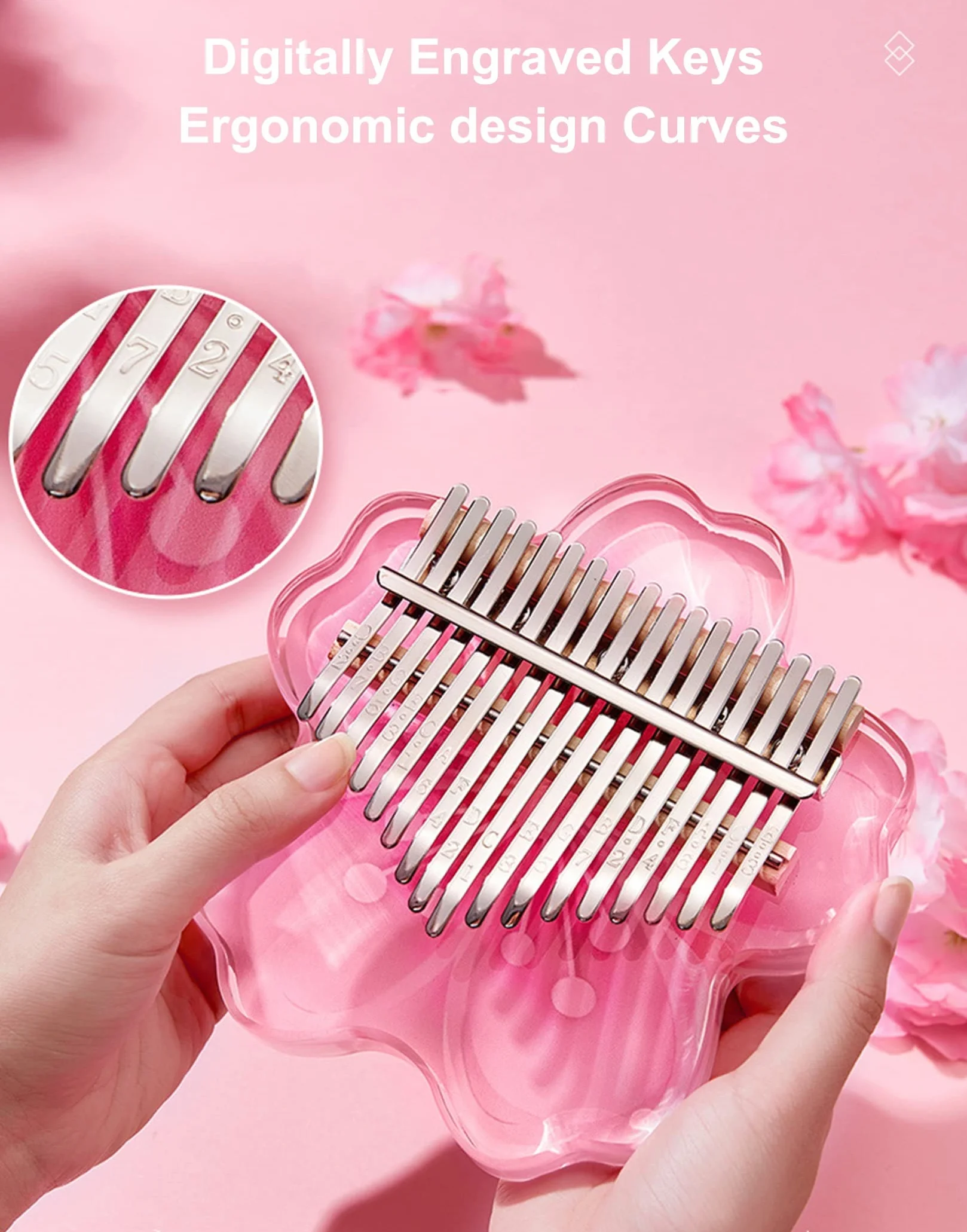 BOTOWI Zestaw 21 przezroczystych klawiszy kalimba na kciuk Sakura Shape Transparent Crystal Kalimba 17 klawiszy z etui ochronnym EVA, profesjonalne instrumenty muzyczne, różowe 17 klawiszy