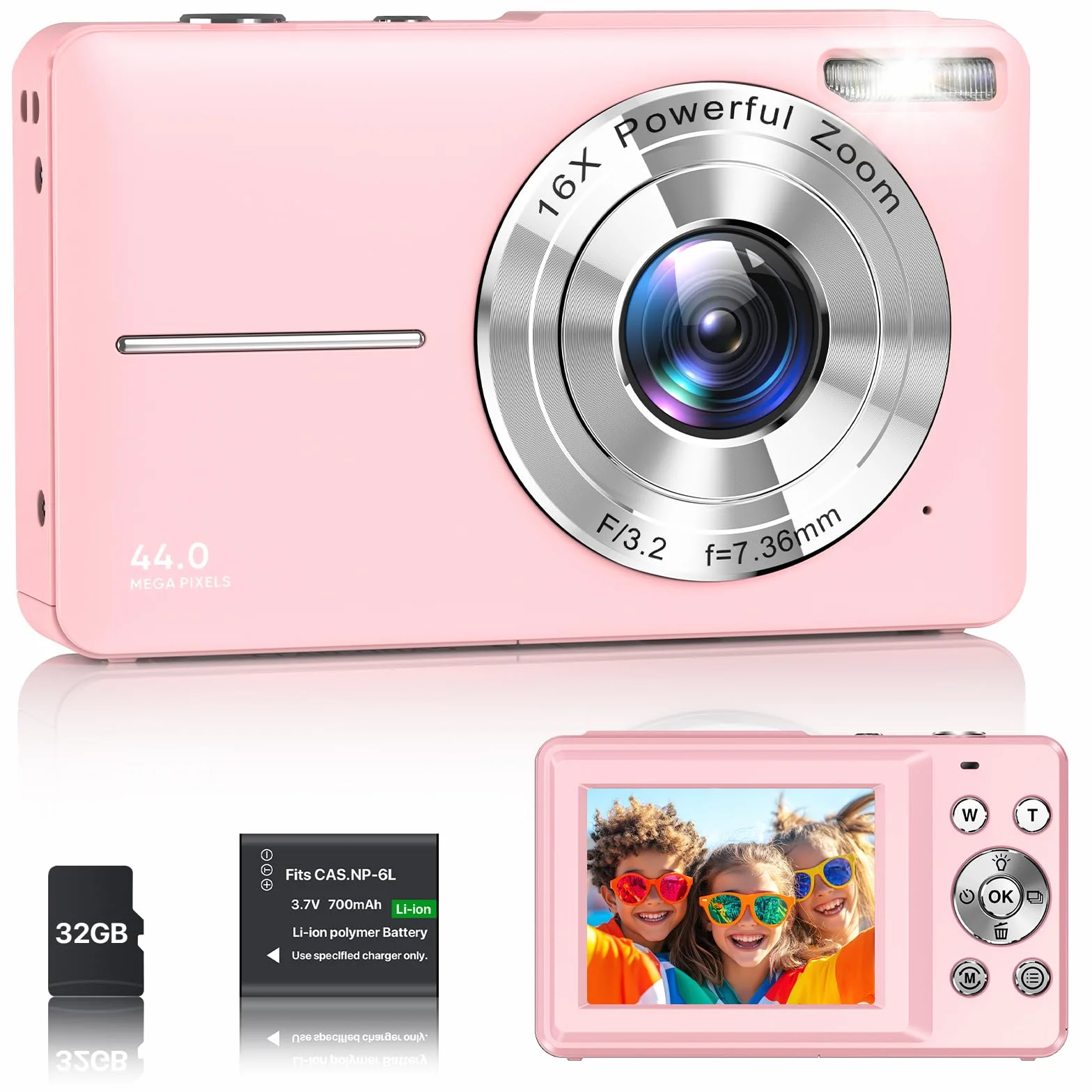 Kompaktowy aparat cyfrowy 1080P FHD 44 MP przenośny mini mały aparat fotograficzny z ekranem LCD 2,4 cala, 16-krotnym zoomem cyfrowym i 1 baterią kamera do vlogowania dla dzieci, dziewcząt, chłopców