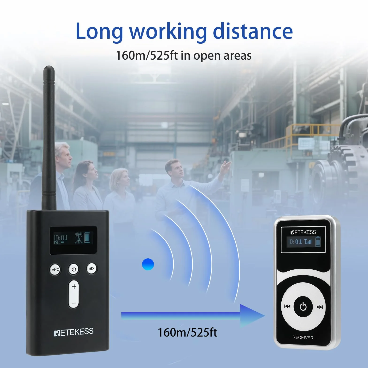 Retekess T130P Bezprzewodowy System Przewodnika, Redukcja Szumów, 160m, 36h Czas Czuwania (1 Nadajnik, 10 Odbiorników)