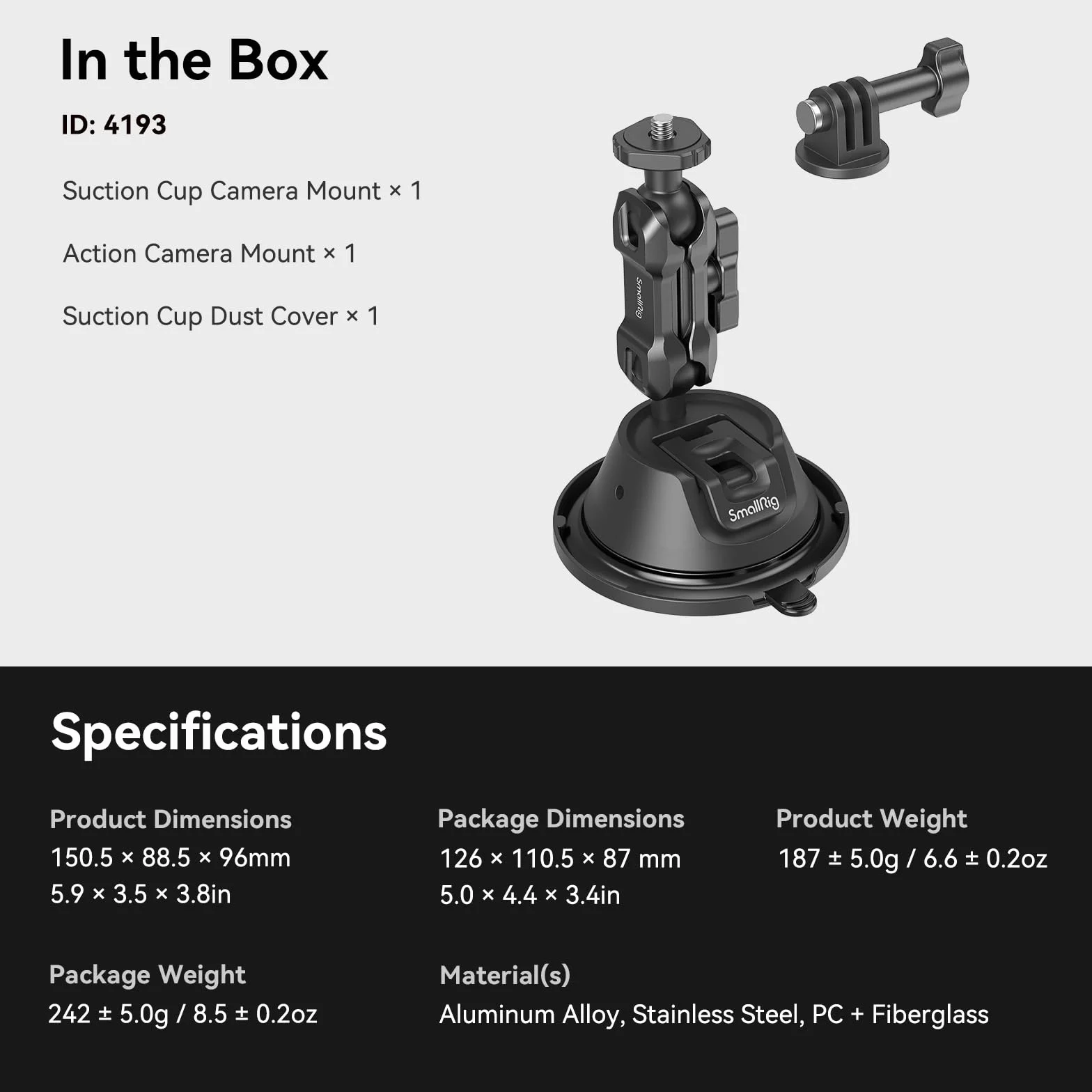 SMALLRIG Dwuwarstwowy Uchwyt z Przyssawką dla GoPro Hero 11/10/9, dla DJI Osmo Action/Procket, dla Insta360 X3, Podwójna Głowica Kulowa, Obrót o 360°, Montaż na Szybie Samochodu lub Oknie SC-1K -4193