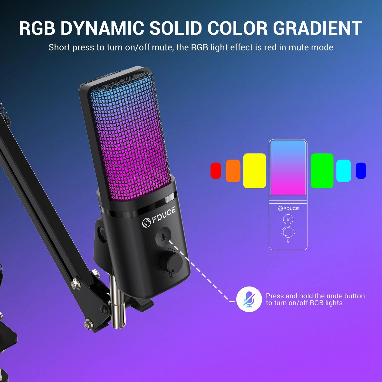 FDUCE M160 Zestaw mikrofonów do gier USB do komputera, pojemnościowy mikrofon podcastowy RGB z gniazdem monitora, szybkie wyciszanie, kontrola wzmocnienia, filtr pop, stojak wysięgnika do nagrywania