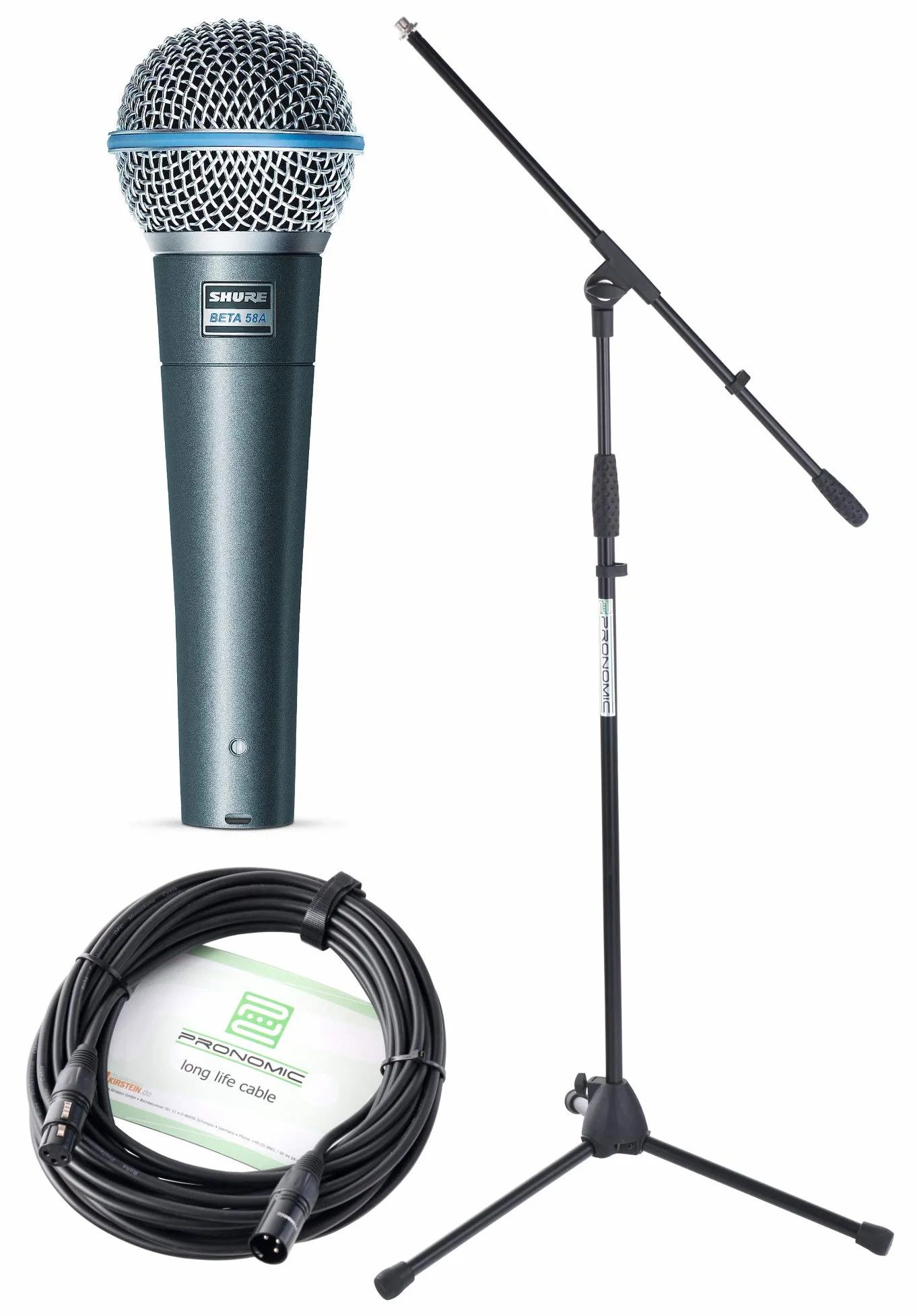 Shure Beta 58A zestaw mikrofonowy - charakterystyka supernieruchomości - zakres transmisji: 50-16 000 Hz - zoptymalizowany zakres transmisji dla doskonałej jakości dźwięku - zestaw zawiera kabel i statyw