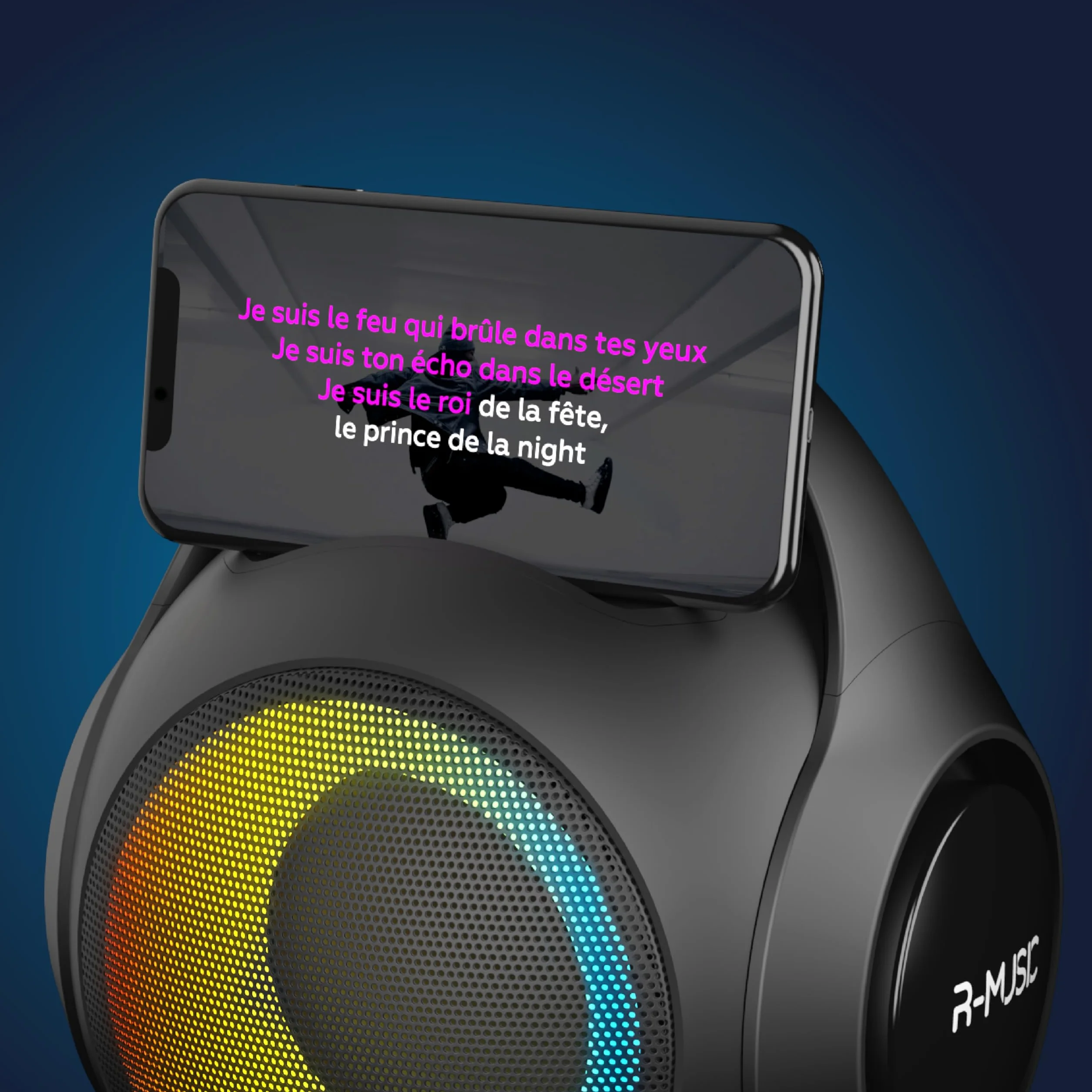 R-MUSIC DUOLED - Bezprzewodowy głośnik RGB z 2 mikrofonami do karaoke - porty AUX/Micro SD/USB, 11 zestawów świateł, 2 mikrofony w zestawie, uchwyt do smartfona, zniekształcenie głosu
