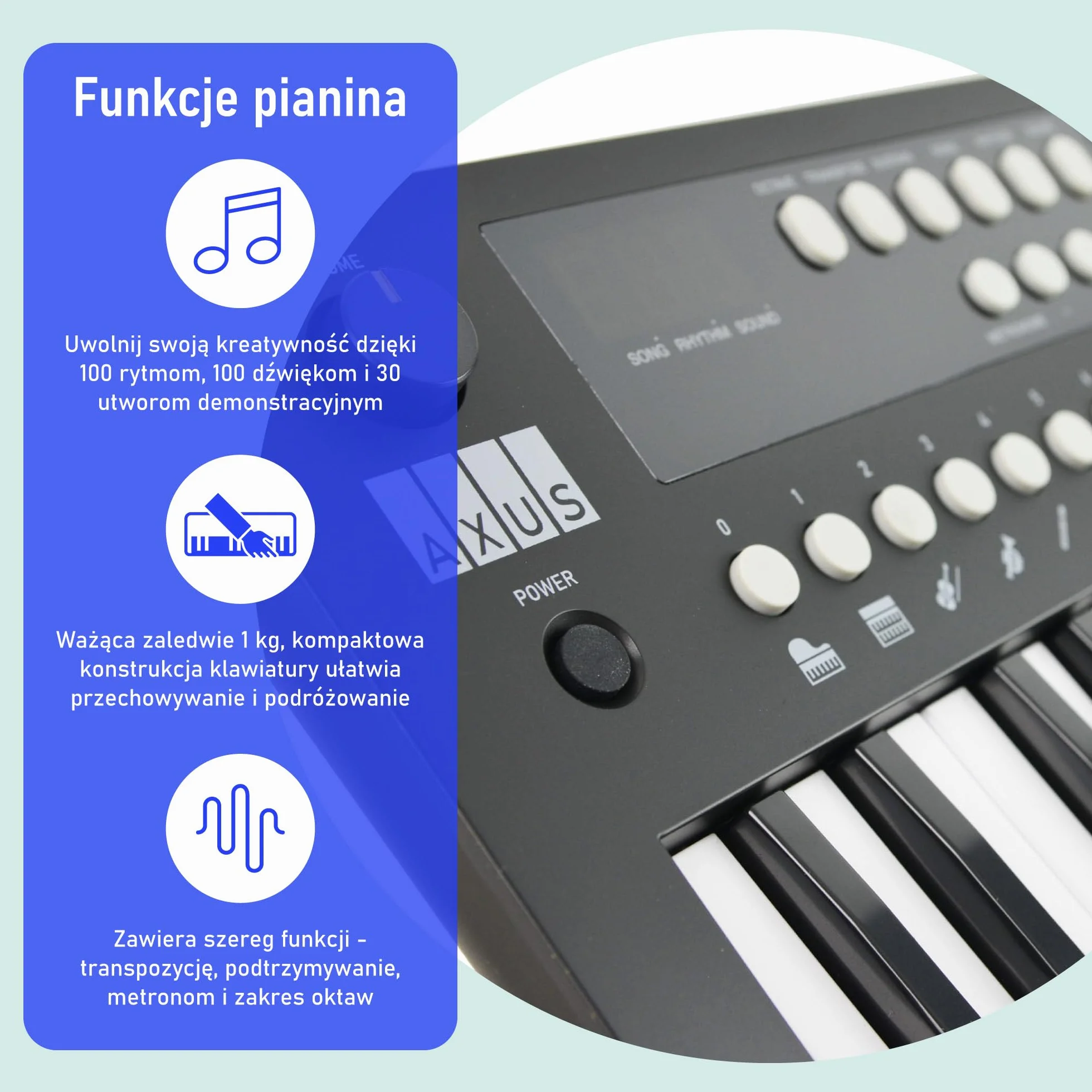 Axus Mini Przenośna Klawiatura 37, Pianino Elektryczne dla Początkujących, USB-C, Midnight Black