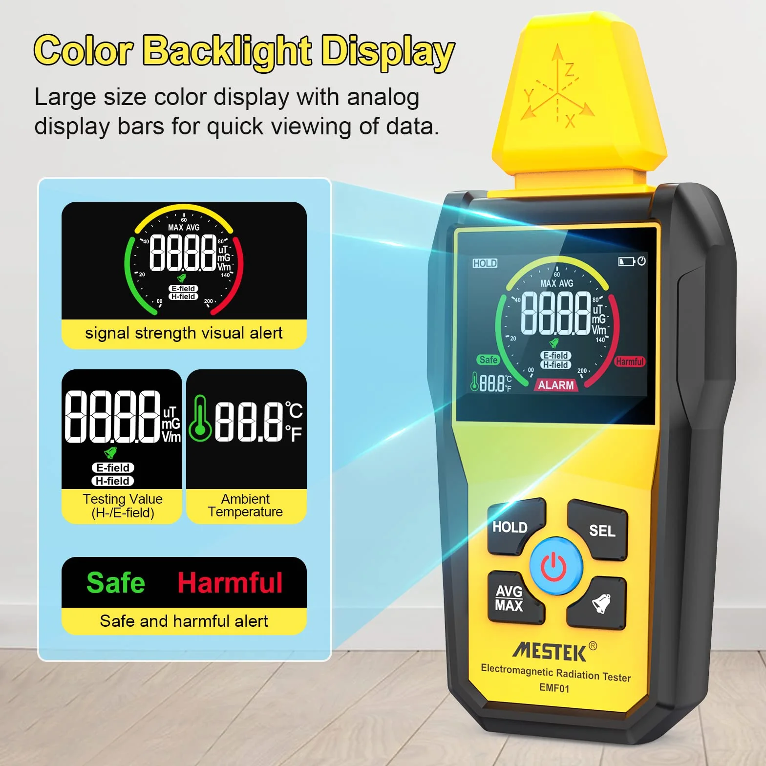 Miernik EMF, MESTEK Elektromagnetyczny Detektor Promieniowania, Cyfrowy Detektor pola LCD Tester EMF z Pomiarem Temperatury Promieniowania Jądrowego do Domowych Inspekcji EMF, Biura, Zewnętrznego