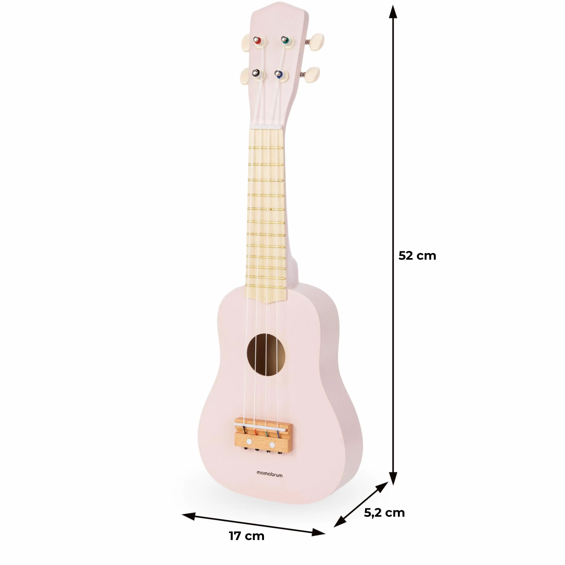 Mamabrum, Drewniana gitara dla dzieci, Ukulele dla niemowląt, Instrumenty muzyczne do zabawy, Uczy prostych akordów, Stymuluje słuch, Imituje prawdziwy instrument, Odgrywanie ról - gitarzysta, Różowy