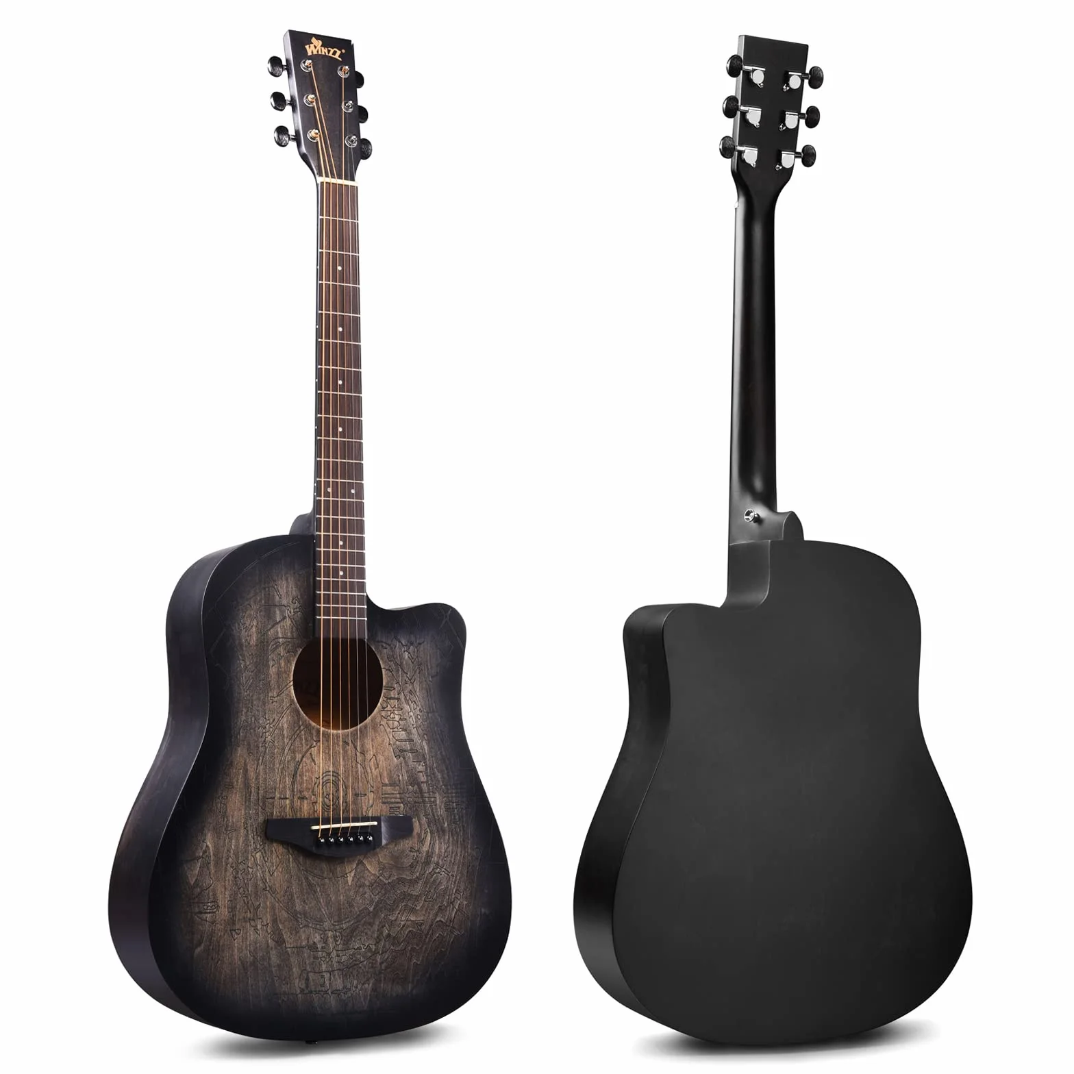 Winzz Gitara akustyczna 4/4 dla początkujących, Country and Folk Guitar 41 cali (Vintage Grawerowanie) Czarna