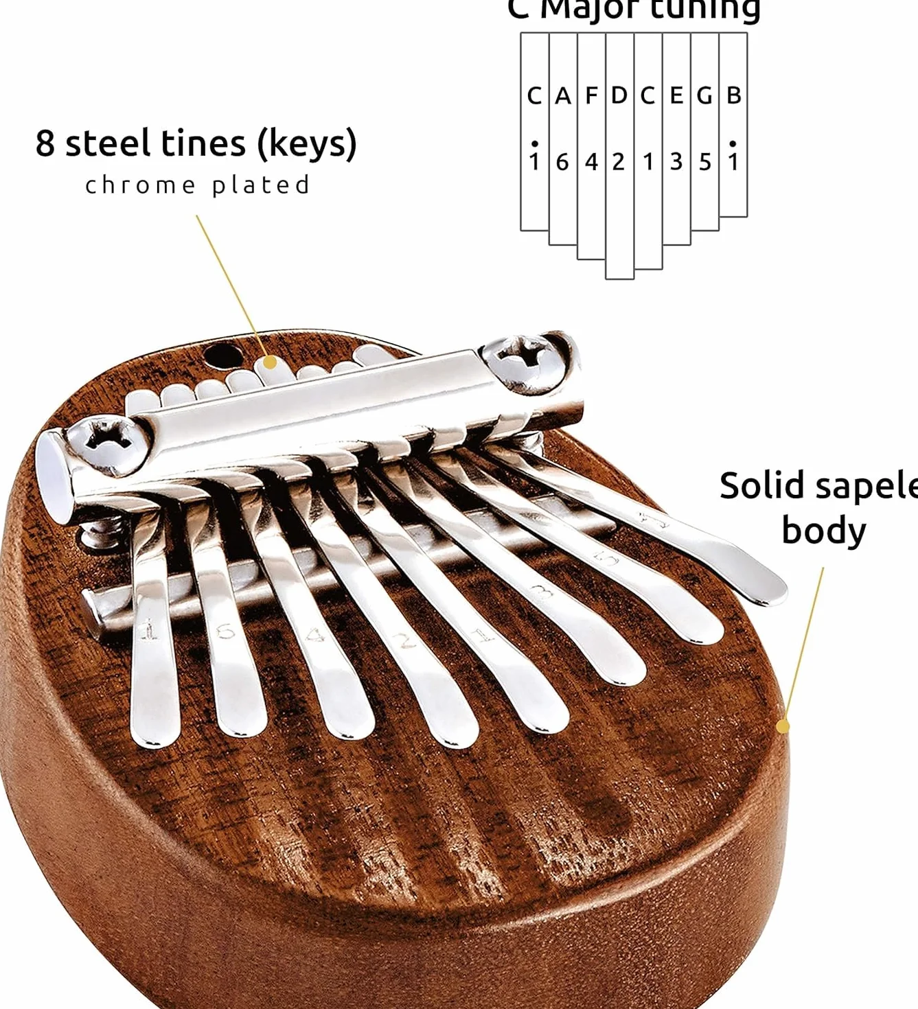 Kalimba Sonic Energy Lite Drewno – 8 Dźwięków w Tonacji C-dur – do Medytacji, Sekcji Perkusyjnej i Jogi – Sapele – w Zestawie Ozdobny Sznurek (KL8MINI)