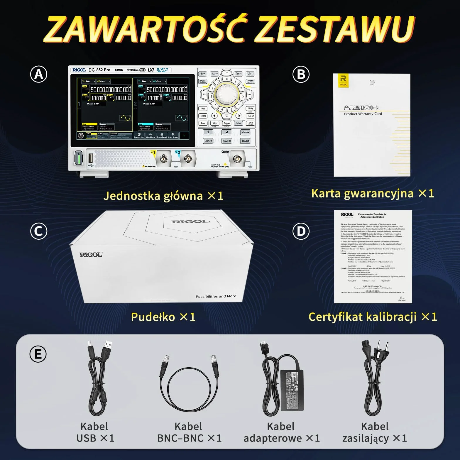 RIGOL DG852 Pro Generator Funkcji/Fal Arbitrarnych, Przenośny, 50 MHz, 625 Msa/s, 16 bitów, 2 Kanały Wyjściowe, Obsługuje Zasilanie z Power Banku