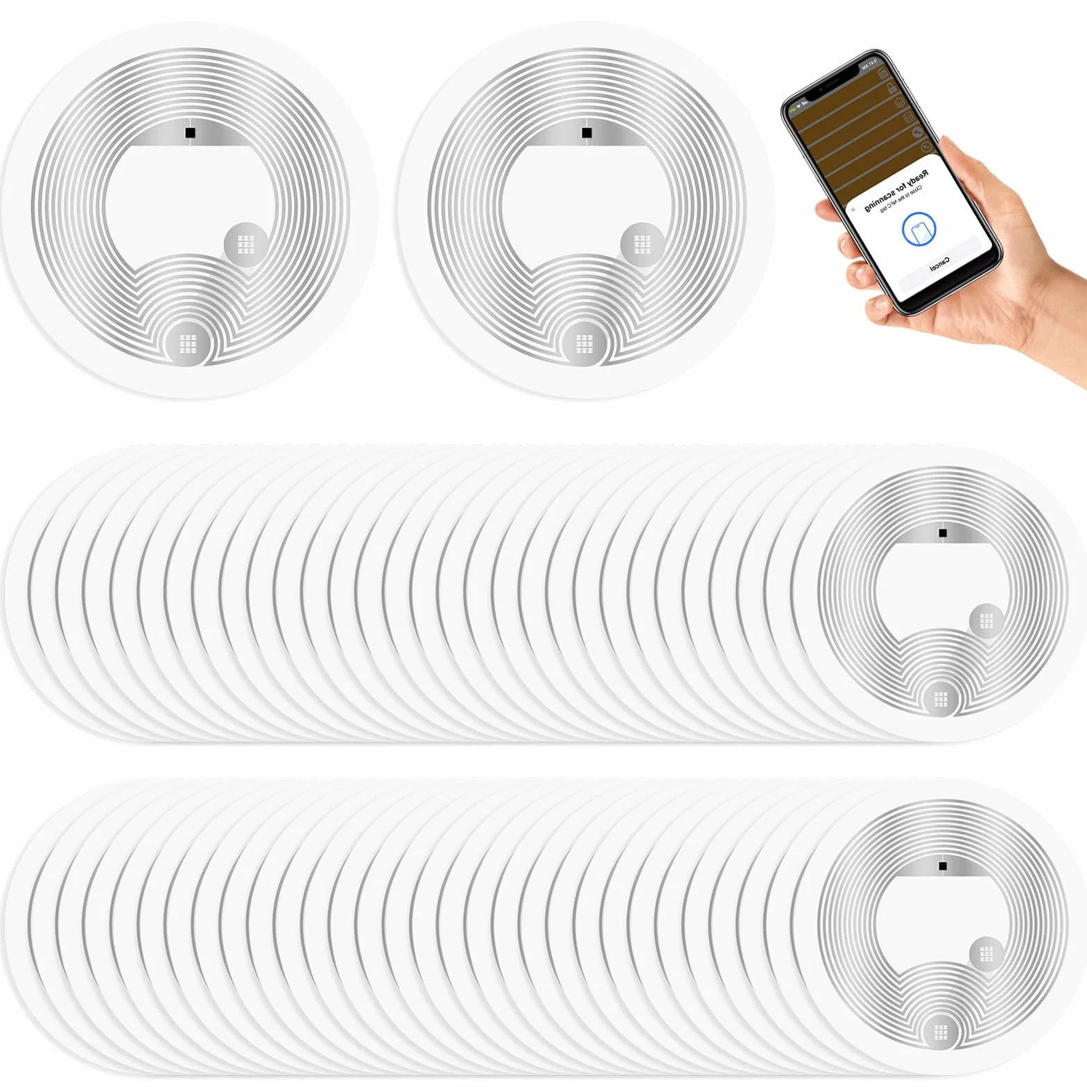 AXFEE 60 szt. znaczników NFC NTAG216, białe okrągłe naklejki NFC, średnica 25 mm, programowalne znaczniki NFC, pamięć RFID 888 bajtów, kompatybilna ze wszystkimi telefonami i urządzeniami