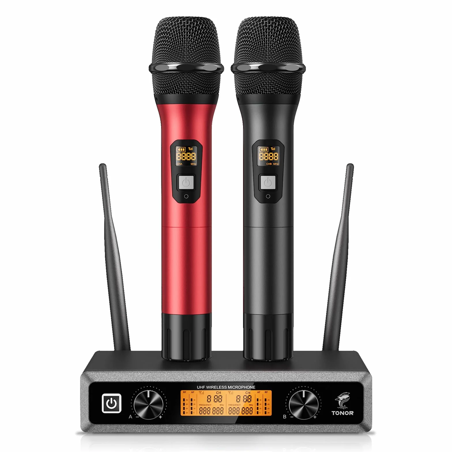 TONOR Bezprzewodowy Mikrofon UHF TW820, Podwójny Ręczny System Mikrofonowy, 60 m, Czarny i Czerwony