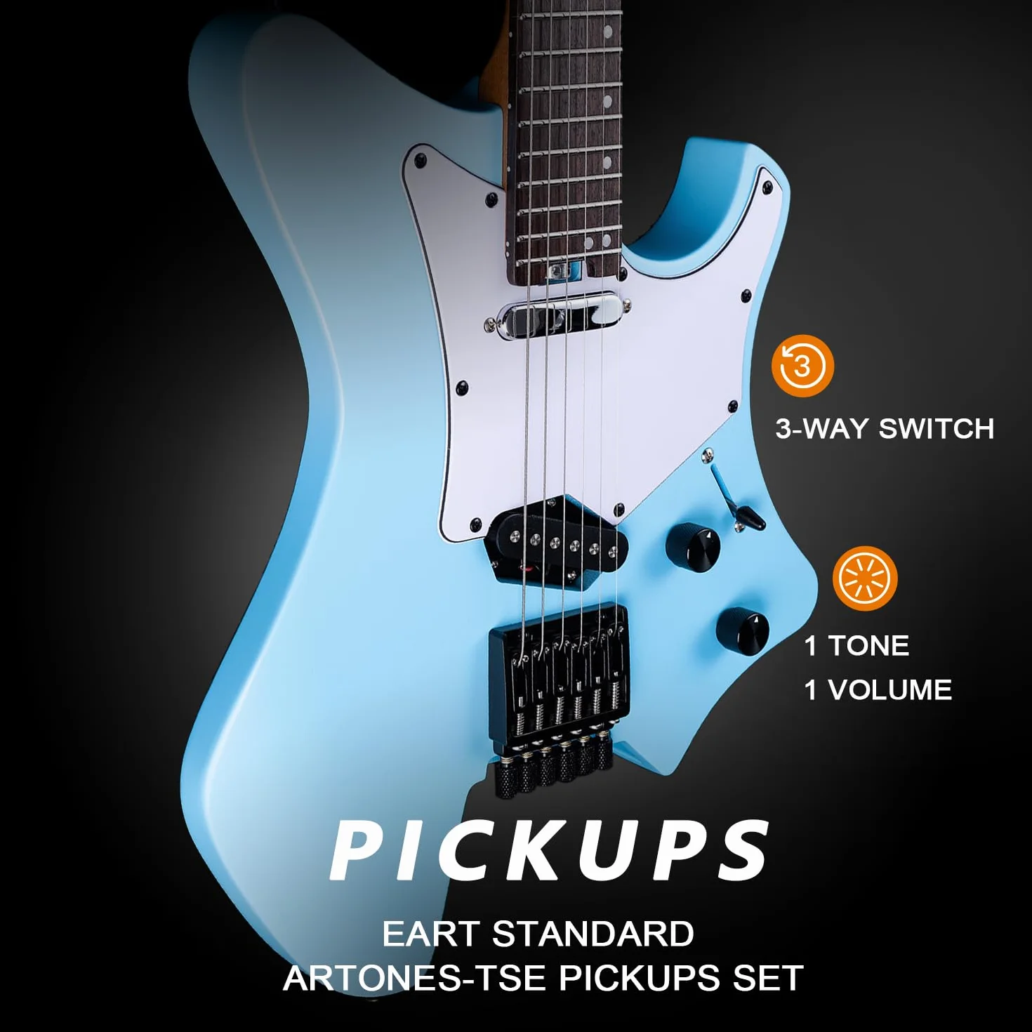 EART GW2TP-SE bezgłowy gitara elektryczna z prażonym mahoniowym korpusem, przetworniki Artones-TSE, zaokrąglone końcówki średnie progi ze stali nierdzewnej Jumbo (niebieska)