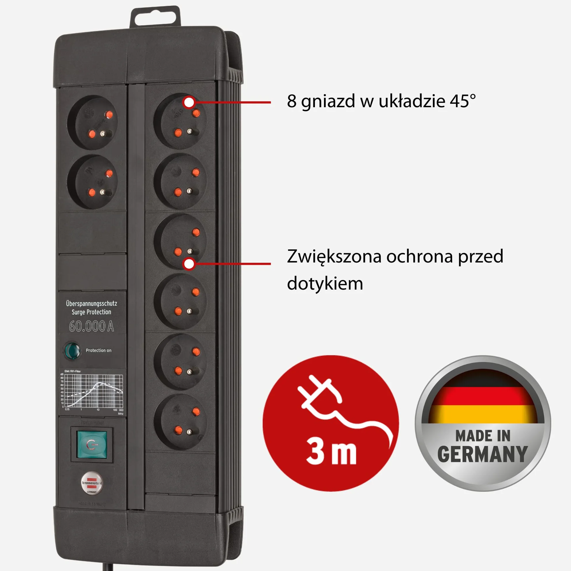 Brennenstuhl Premium-Line Duo listwa przepięciowa z 8 gniazdami/listwa antyprzepięciowa a z ochroną przepięciową do 60.000 A (listwa zasilająca kabel 3 m z wyłącznikiem, Made in Germany) czarna