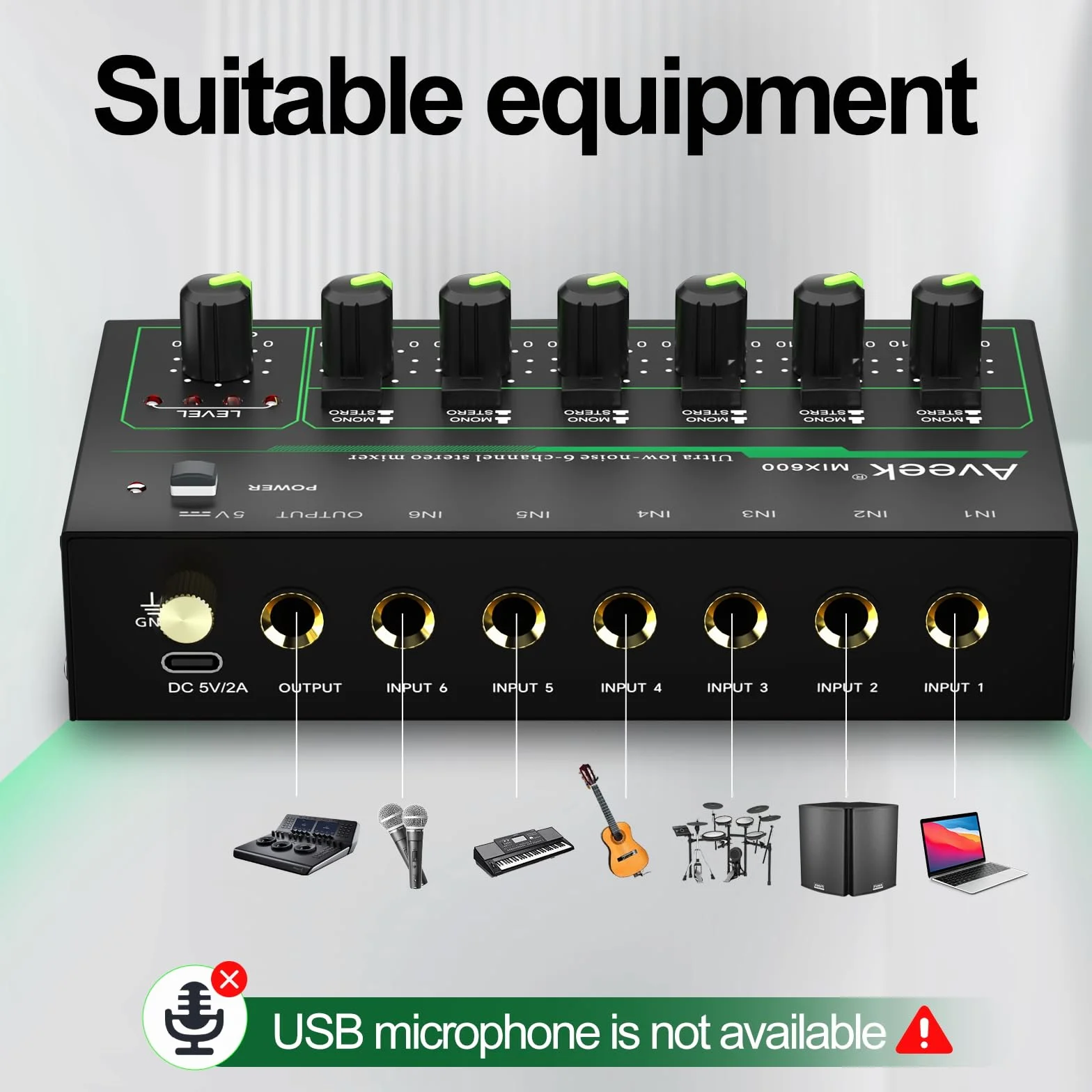 Aveek 6-kanałowy mikser – mini 6-kanałowy mikser audio stereo, niski poziom hałasu dla precyzyjnego podmieszania, wejście/wyjście TRS 1/4 cala, idealny do mikrofonów, gitar, basów, scen