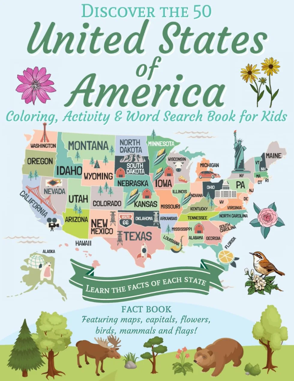 Discover the 50 United States of America Coloring, Activity & Word Search Book: Fifty State Maps with Capitals, Nicknames, Mottos, Flags, Birds, Mammals and more!