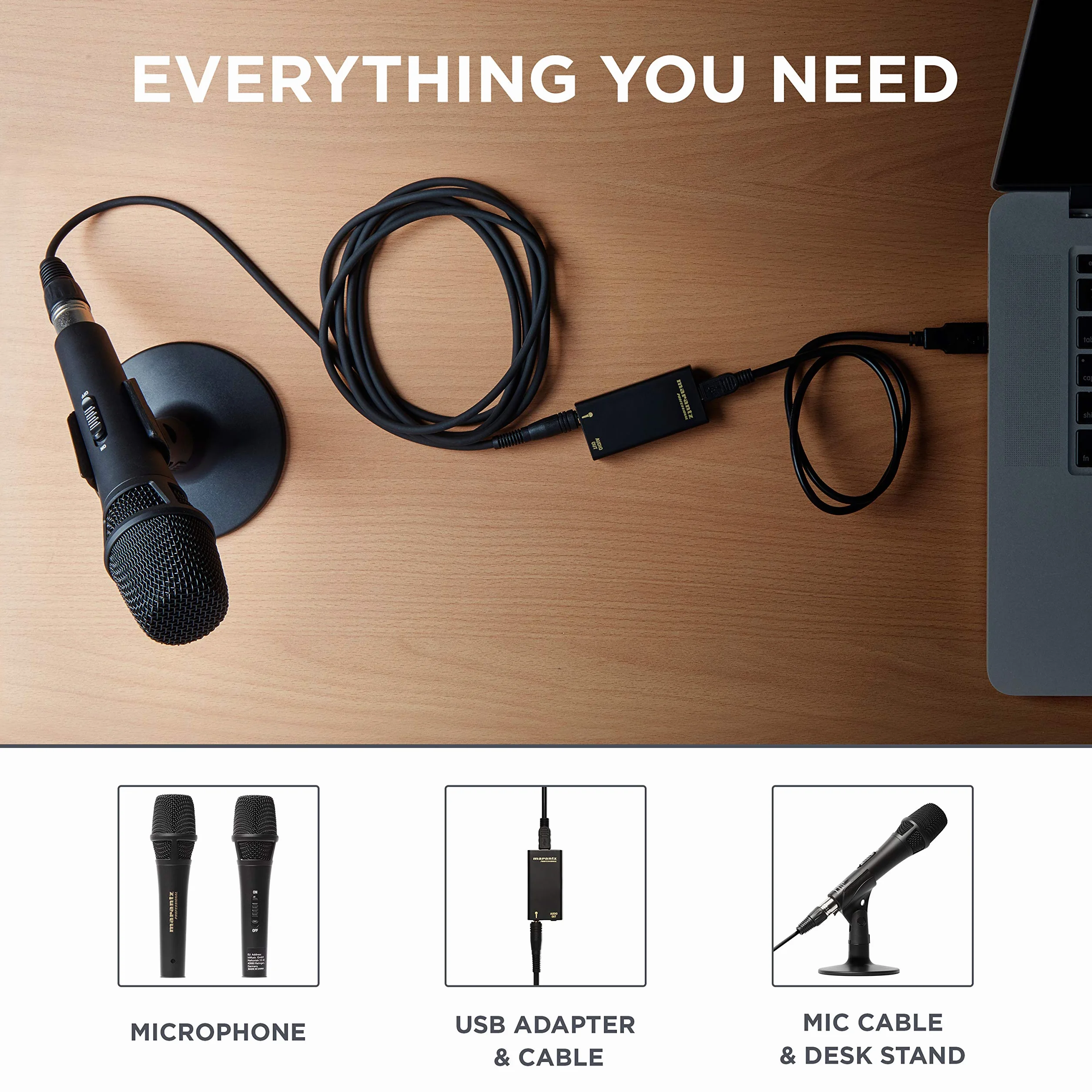 Marantz Professional M4U - mikrofon pojemnościowy USB z interfejsem audio, kablem mikrofonowym i stojakiem na stół, do podcastów, strumieniowania, nagrywania instrumentów