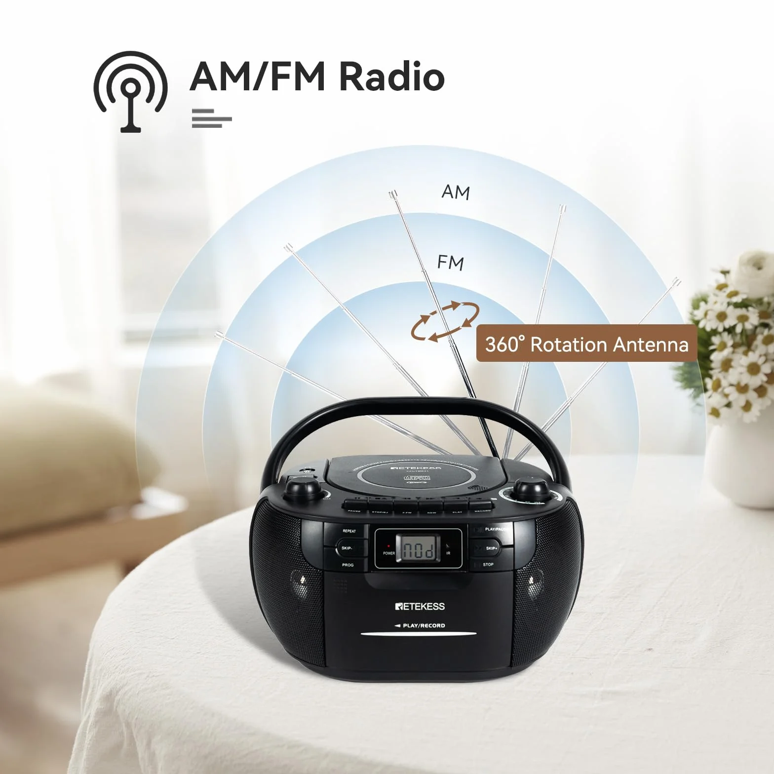 Retekess TR621 Przenośny Odtwarzacz CD Boombox Stereo z Radiem AM FM, Odtwarzacz Kasetowy, Magnetofon Kasetowy, Obsługa USB/TF/Słuchawek, z Pilotem (czarny)