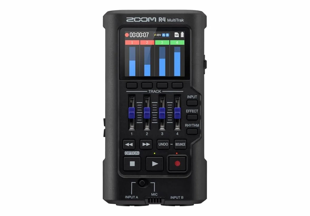 ZOOM R4 MultiTrak – mobilny 4-ścieżkowy rejestrator i kompaktowe studio audio dla muzyków i autorów piosenek, 32-bitowy dźwięk typu float, 2 wejścia combo XLR/TS, efekty, sekcja rytmiczna
