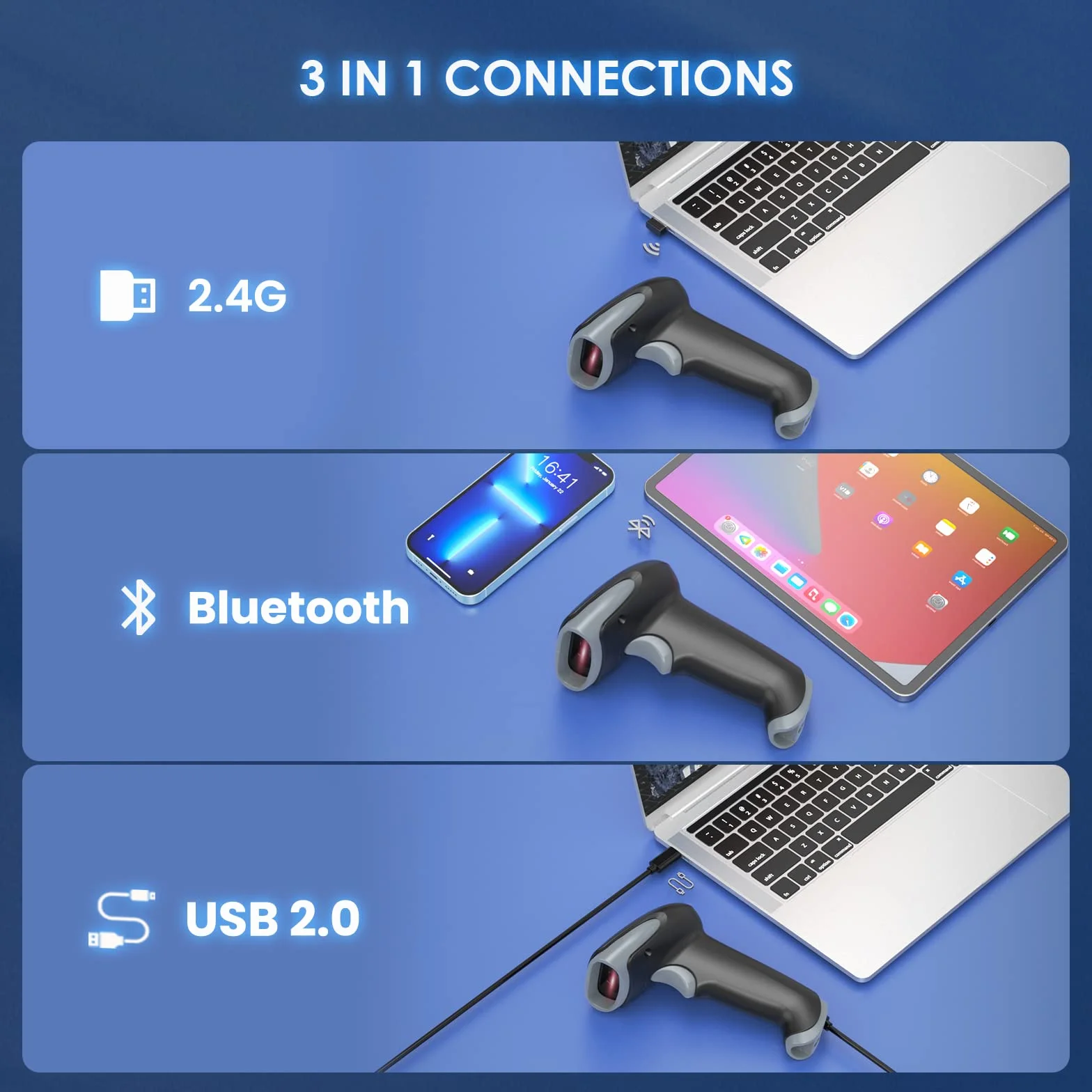 Eyoyo Bezprzewodowy skaner kodów kreskowych Bluetooth, ręczny skaner kodów QR 1D, 2D, 3 w 1, kabel USB i bezprzewodowy skaner kodów kreskowych 2,4 G, do tabletów, iPadów z systemem Android, iOS,