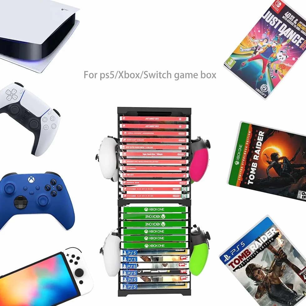 Wieża do przechowywania gier dla PS5, PS5 Przechowywanie płyt CD z grami, stojak na 24 płyty CD i 4 kontrolery dla SWITCH, Xbox Series S & X, Xbox One, PS4, PS3, Blu Rays
