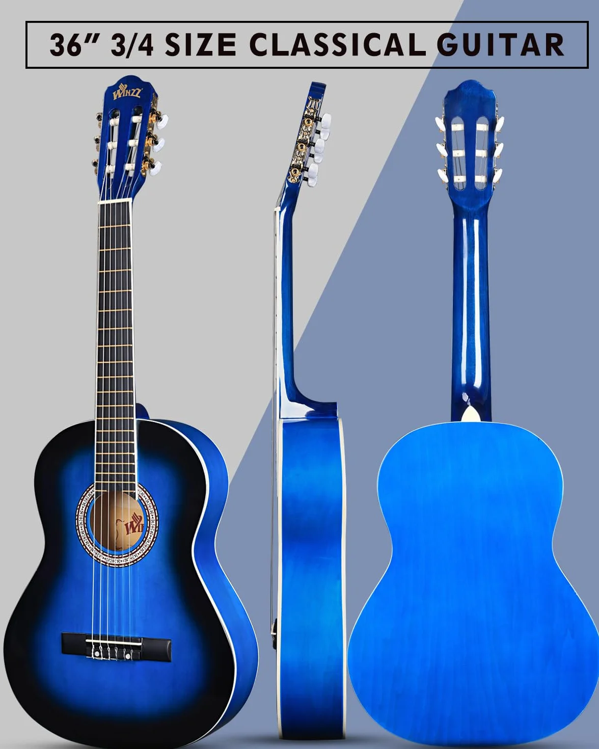 Winzz Gitara koncertowa 3/4, klasyczna gitara dla początkujących zestaw dla dzieci - niebieska błyszcząca (36 cali)
