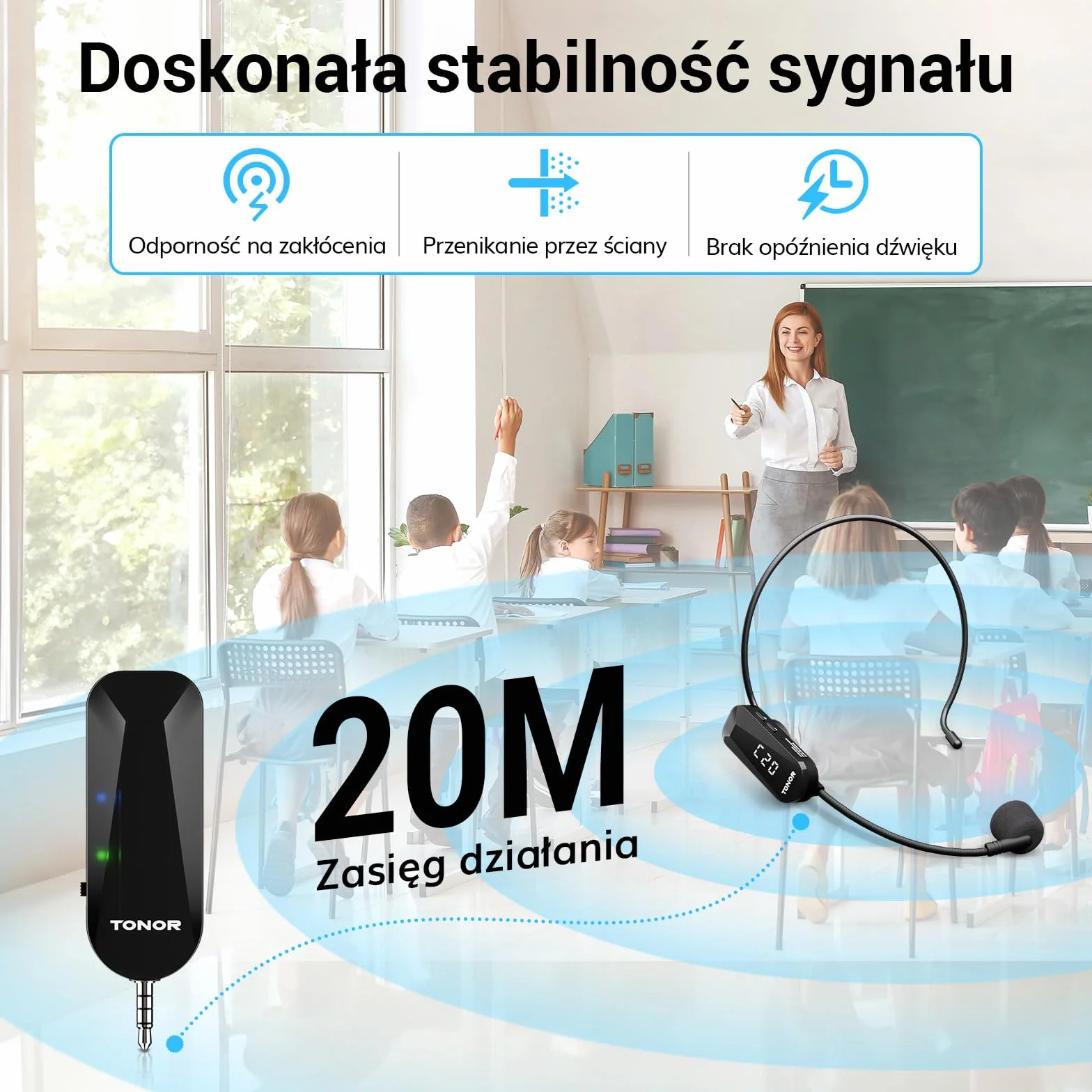 TONOR Bezprzewodowy Zestaw Słuchawkowy z Mikrofonem UHF, Bezprzewodowy Mikrofon z 20 Kanałami, Transmisja Zasięgu 20 m do Spiewania, Fitnessu, Nauczania, Przewodnika, Wzmacniacza Głosu, Głośnika