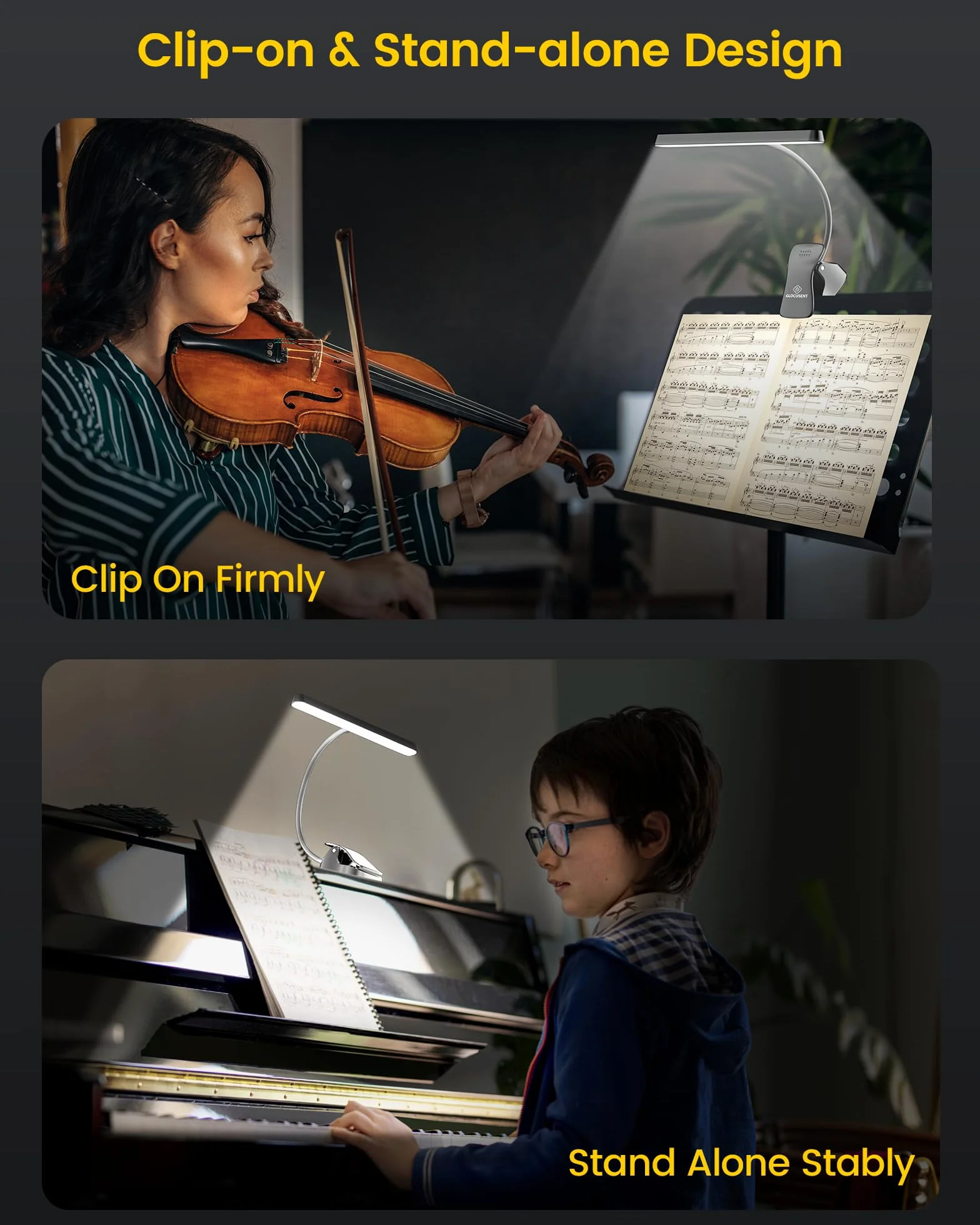Glocusent 57 LED Super jasny stojak muzyczny światło, oczy dbające o Clip-on światło fortepianowe, 3 kolor 165 jasność, USB-C ładowane, długotrwałe do 140 Hrs, idealne do fortepianu, arkusze, gitara