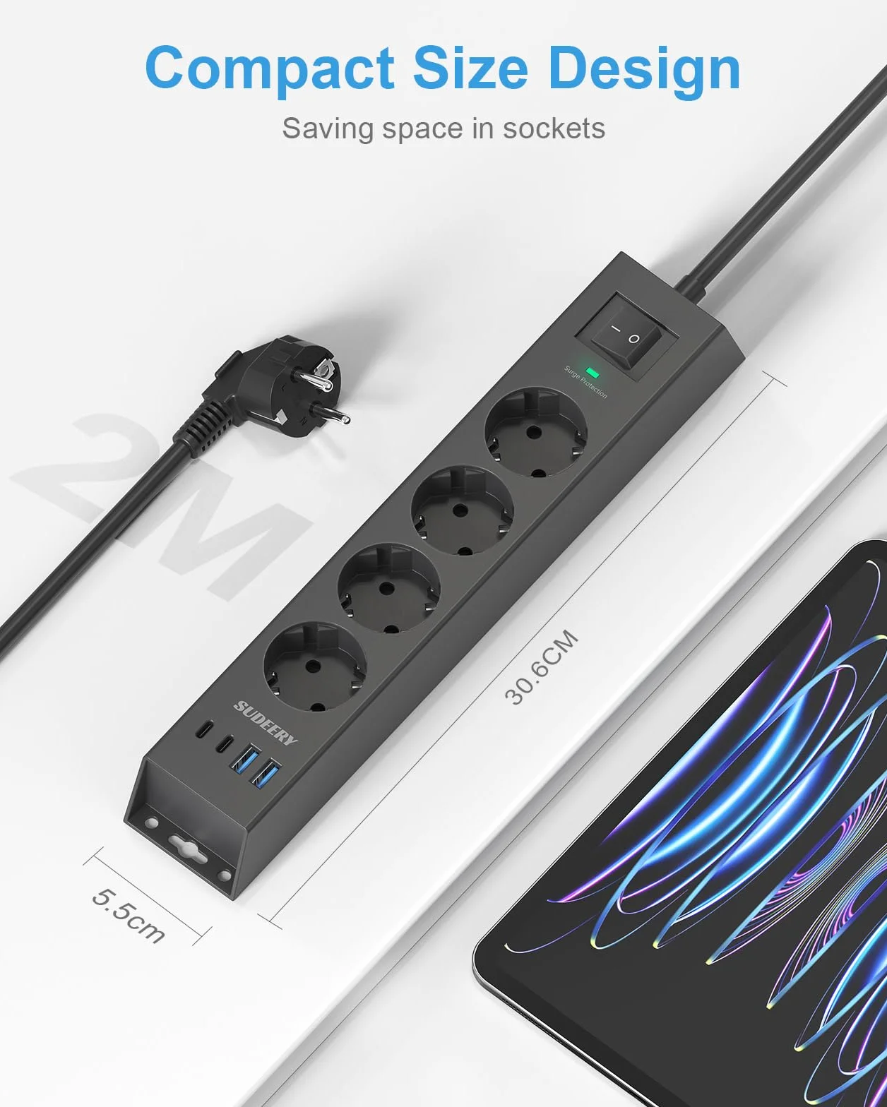 Listwa zasilająca z 4 gniazdami z USB C, listwa zasilająca 8 w 1, montaż ścienny, z przełącznikiem i kablem 2 m, z zabezpieczeniem przed przepięciem, do biura, kuchni (czarna)