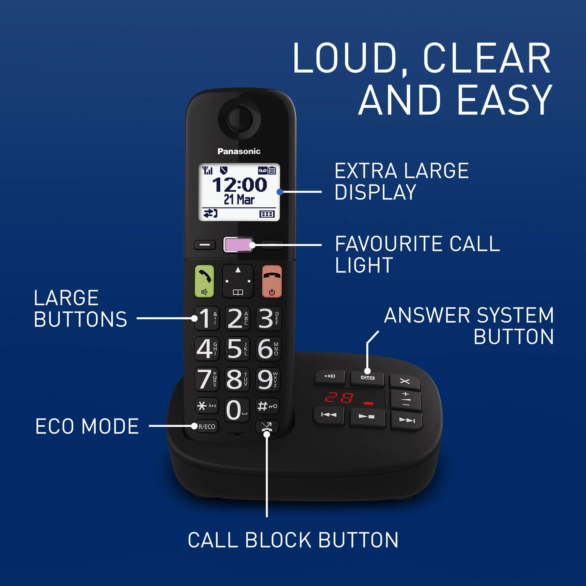 Panasonic KX-TGU130EXB Bezprzewodowy telefon cyfrowy z automatyczną sekretarką, jednostką podstawową i 1 słuchawką, wyświetlaczem LCD, dużymi klawiszami, ulubionymi połączeniami, kompatybilny z