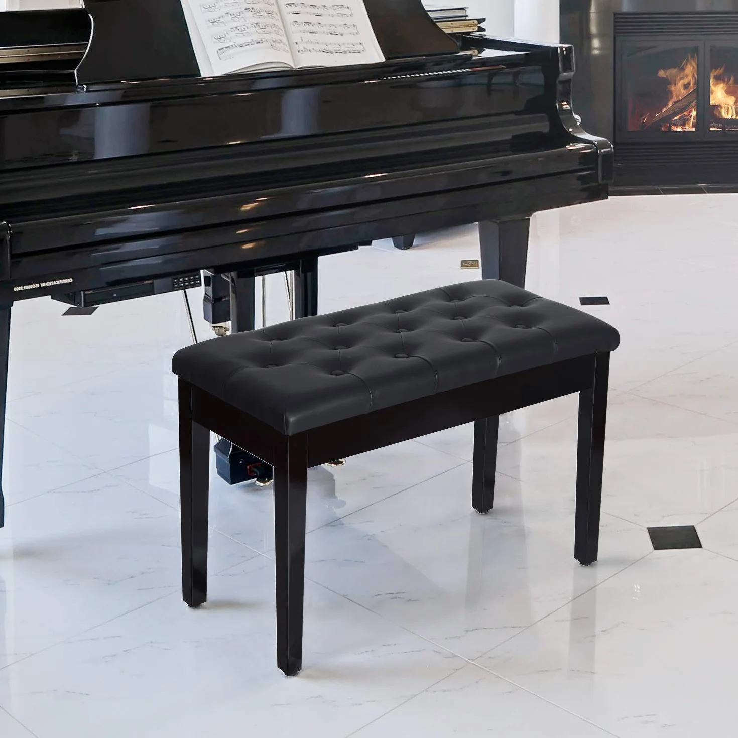 HOMCOM Taboret fortepianowy ławka do fortepianu drewno gumowa sztuczna skóra czarna 76 x 36 x 50 cm