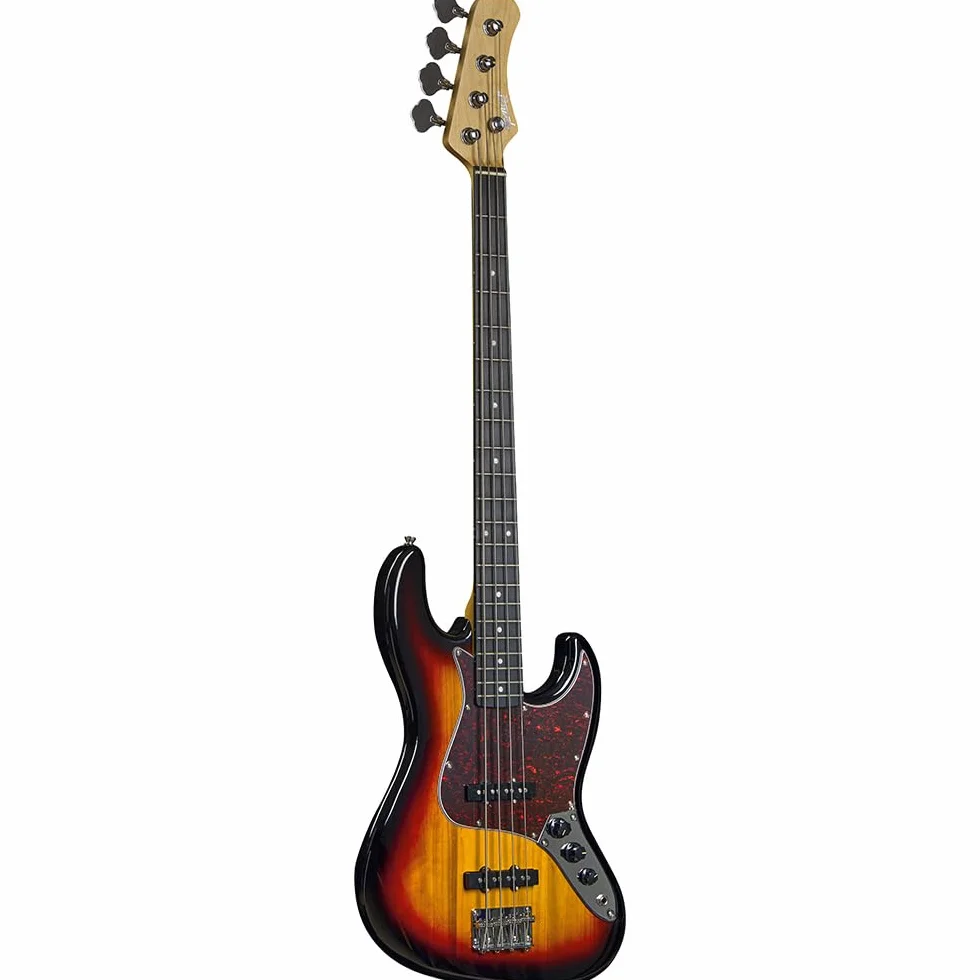 SPENCER BY Eko JB10 SUNBURST, 4-strunowy bas, korpus z topoli, uchwyt z klonu i klawiatura 21 klawiszy z żywicy, 2 przetworniki JB z oddzielnymi kontrolami głośności i 1 tonem, Sunburst