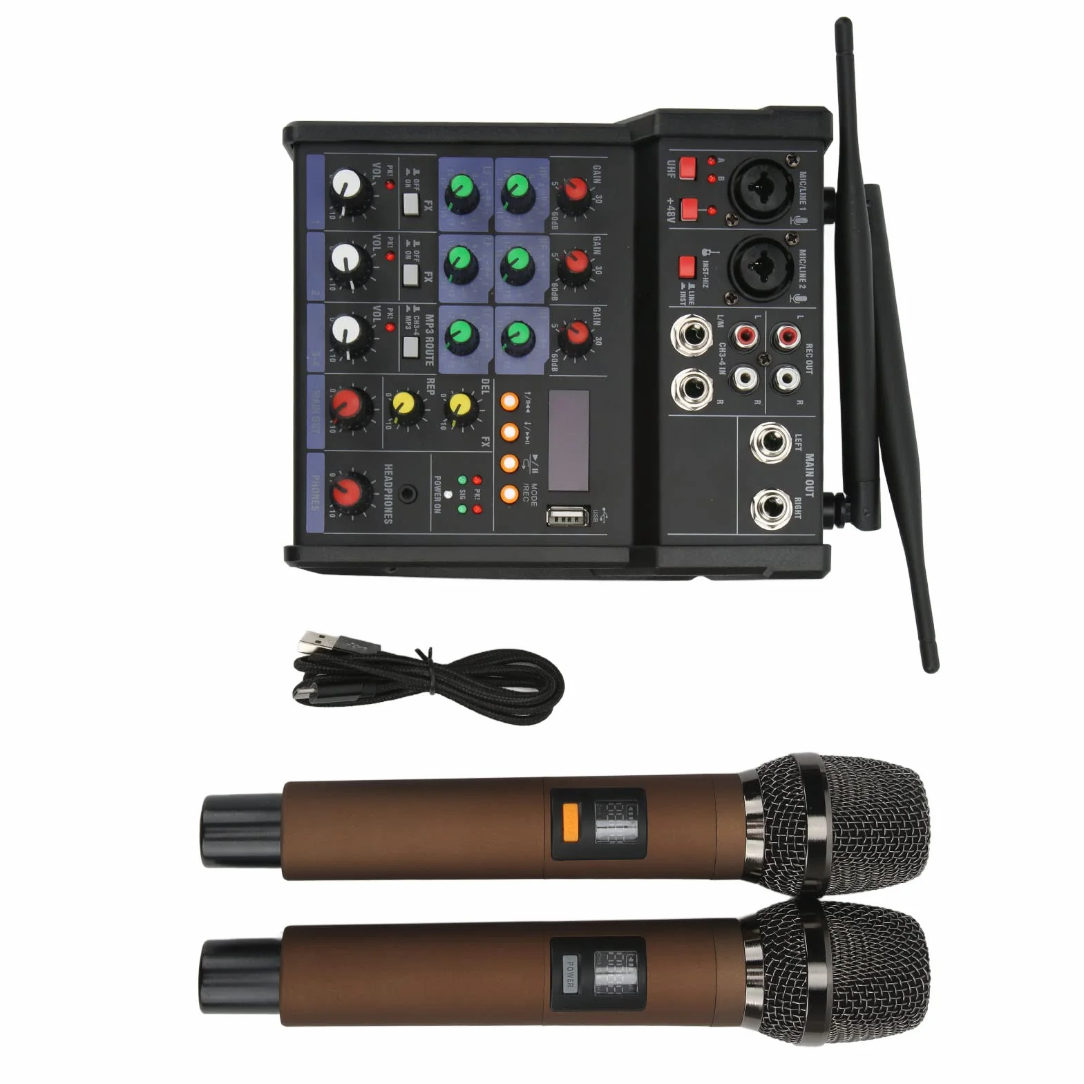 Mały mikser stereo Bluetooth z 2 mikrofonami bezprzewodowymi, 4-kanałowy mikser audio, rodzinny procesor stereo, mikser DJ do transmisji na żywo