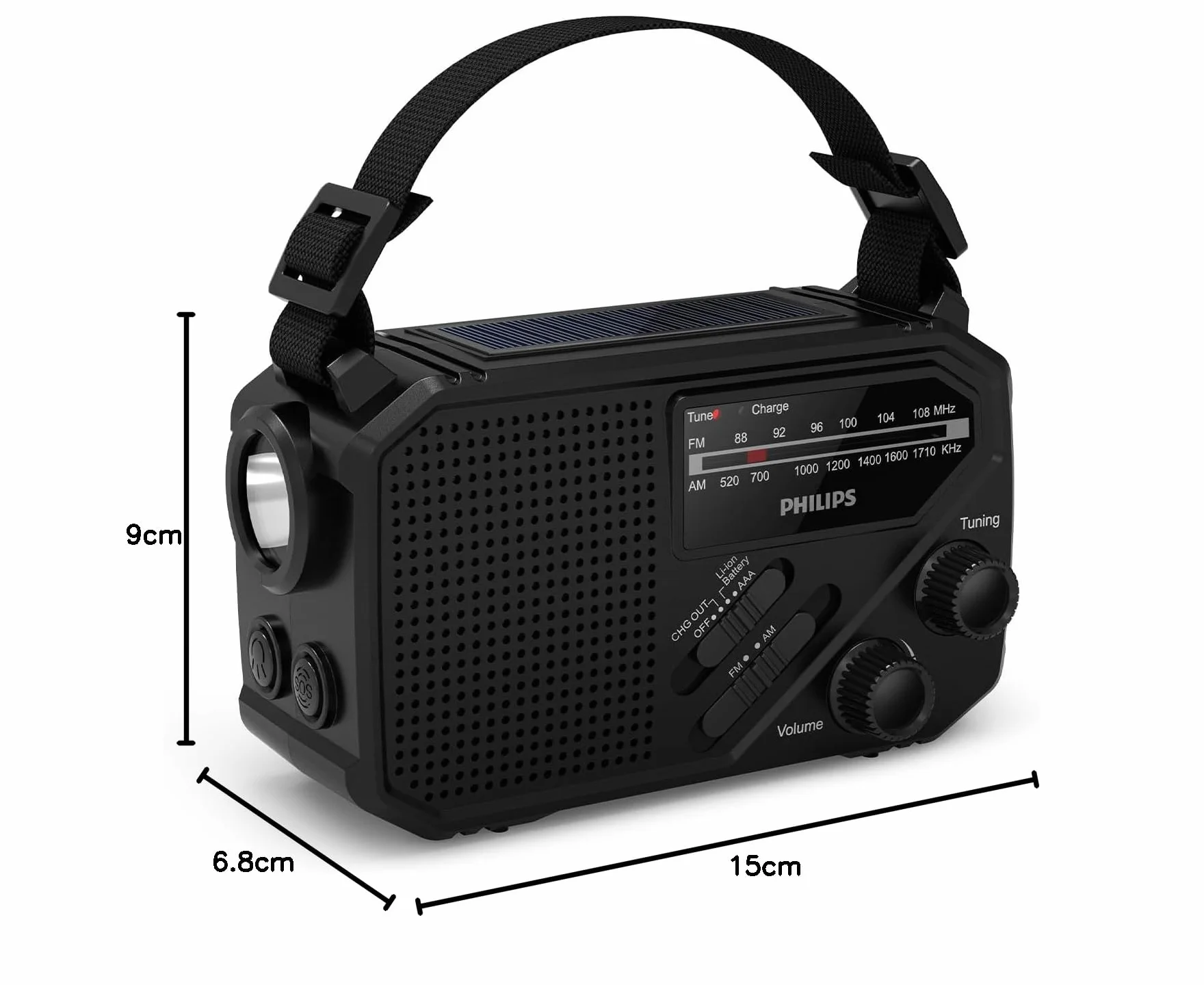 Philips TAR1609 – przenośne radio FM/AM z akumulatorem, komorą na baterie AAA i korbą, zasilaniem z paneli słonecznych, lampką LED i latarką, przydatne na biwaku, w czasie wędrówek i awarii energii