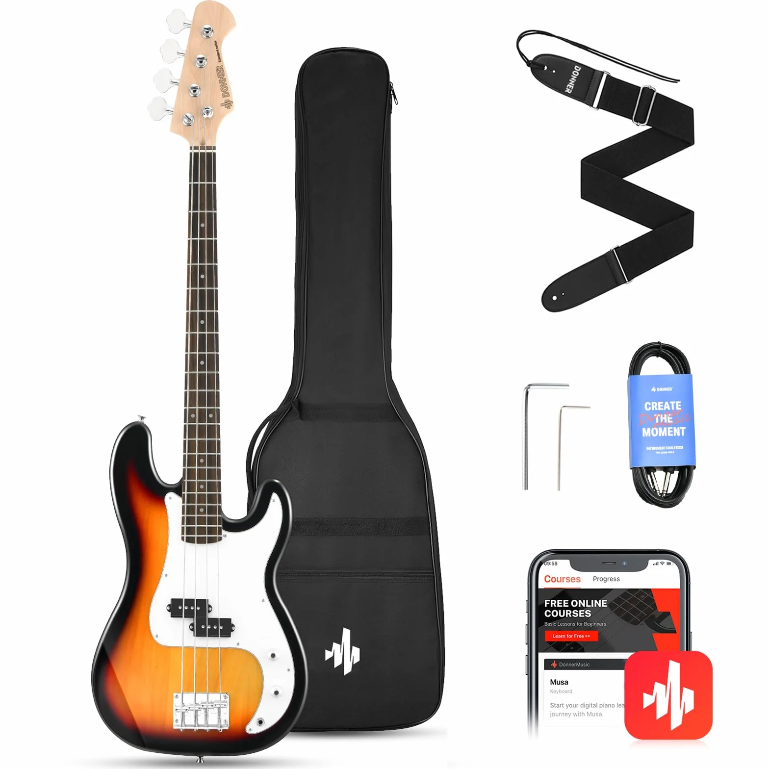 Donner Gitara basowa dla początkujących, 4 struny w stylu P gitara basowa, pełnowymiarowa gitara basowa z torbą na gitarę, paskiem do gitary i kablem gitarowym (Sunburst)