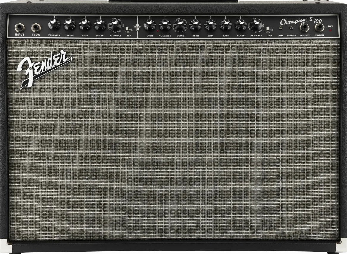 Fender Champion II 100, Combo Guitar Amp, 100 W, odpowiedni do gitary elektrycznej, większej mocy, ulepszonych efektów i modeli wzmacniacza, czarny/srebrny