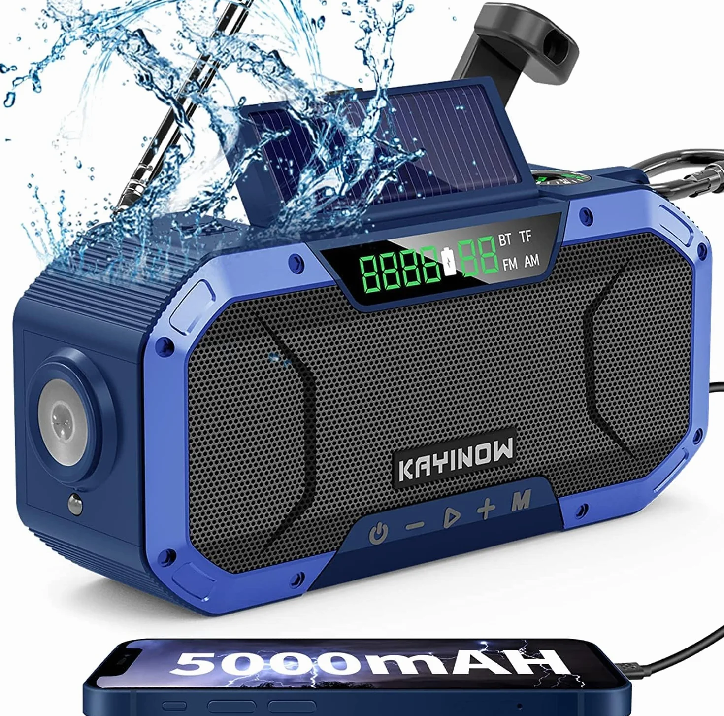 KAYINOW Dynamo Solar Survival Radio - Głośnik Bluetooth, wodoodporne przenośne radio AM FM, 5000 mAh, akumulator, korba akumulatorowa, wielofunkcyjne radio awaryjne, kemping, SOS, latarka