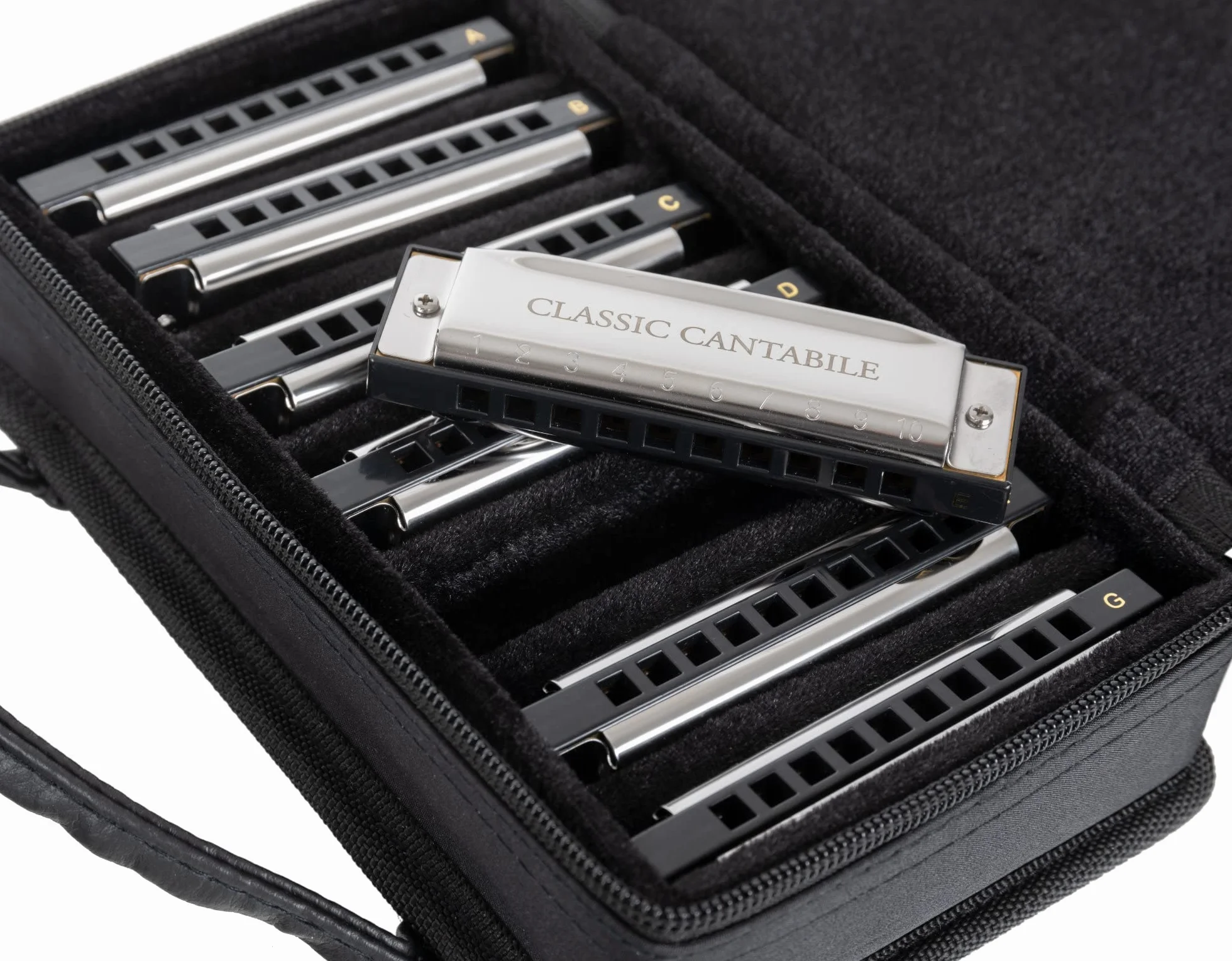 Classic Cantabile AHBS-7 Alabama Blues Harmonica zestaw 7 harmonijek diatonicznych - 10 mosiężnych języków - stal nierdzewna - etui