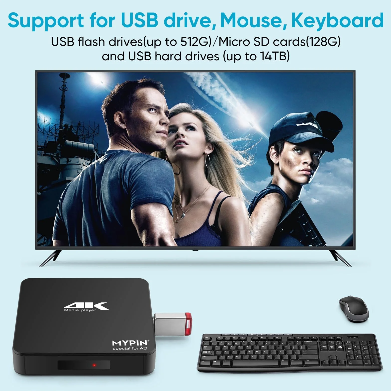 MYPIN Odtwarzacz multimedialny 4K 60 Hz obsługuje dysk twardy 8 TB HDD/256G USB/karta SD z wyjściem HDMI/AV do HDTV/PPT MKV AVI MP4 H.265 - obsługuje napisy reklamowe/timing