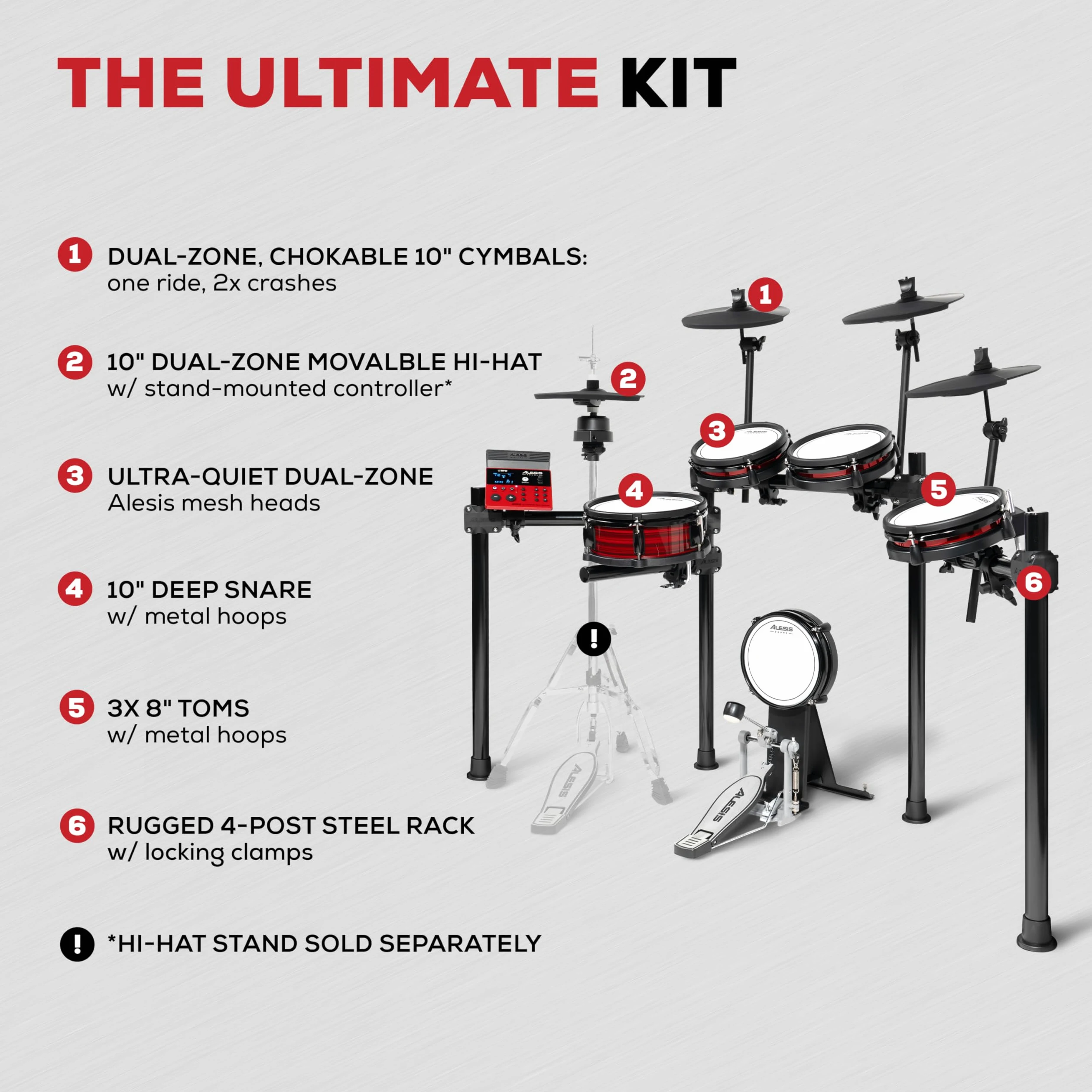 Alesis Nitro Ultimate Elektroniczny Zestaw Perkusyjny z Podwójnymi Padami Siatkowymi, Niezależnym Hi-Hatem, 640 Brzmieniami BFD 52 Zestawami, Bluetooth, Drumeo, USB MIDI, Podwójną Stopą Basową