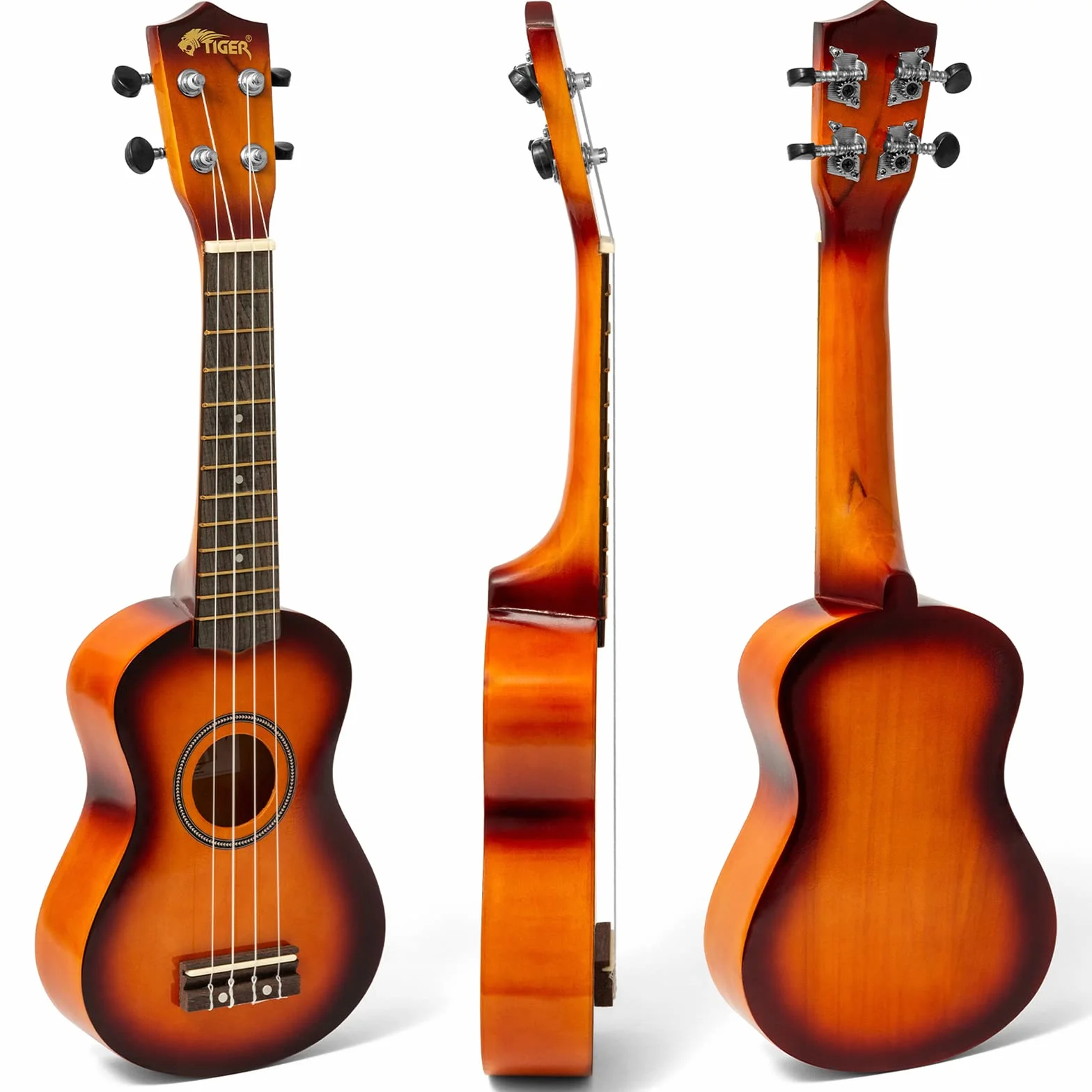 Tiger Ukulele sopranowe UKE7 dla początkujących, zawiera torbę Gig Bag, filcową kostkę, zestaw zapasowy strun nowy na rok 2020, teraz wyposażone w struny Aquila - Sunburst