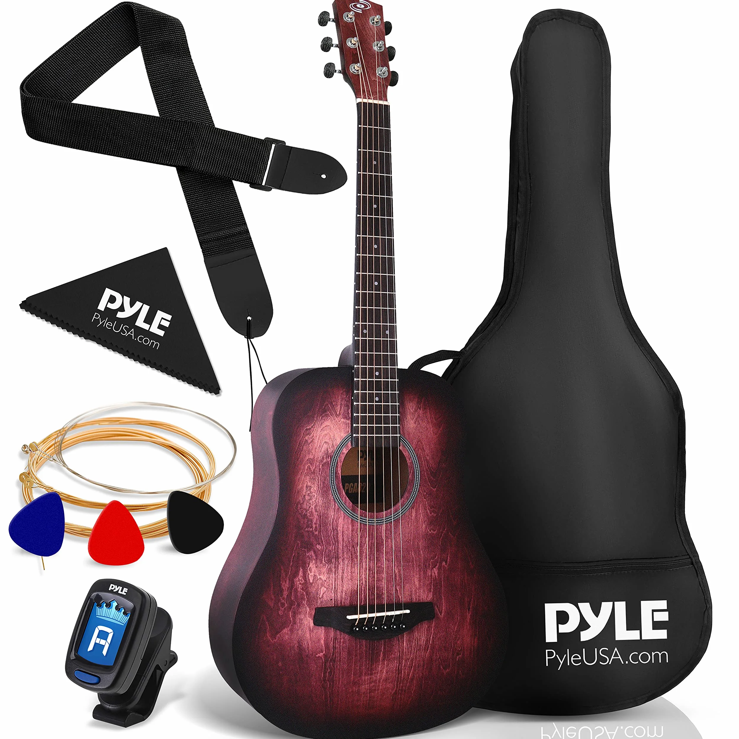 Pyle Gitara akustyczna dla dzieci 1/2 rozmiar 81 cm Dark Cherry Burst zestaw do gitary dla początkujących, gitara klasyczna dla dzieci, z torbą na koncert, pasek, stroik, struny