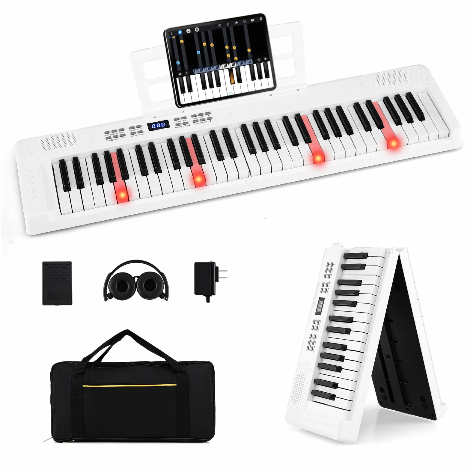 COSTWAY Klawiatura Piano 61 przycisków, składane pianino cyfrowe z funkcją MIDI i dzielenia, 128 dźwięków i rytmów, przenośne pianino ze słuchawkami i pedałem Sustain, pianino elektryczne dla