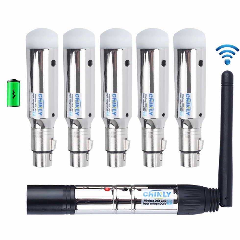 XLR nadajnik/odbiornik męski/żeński 2,4 G, ISM DMX512, z anteną,do oświetlenia scenicznego. 1 Sender & 5 Empfänger (Batterie)