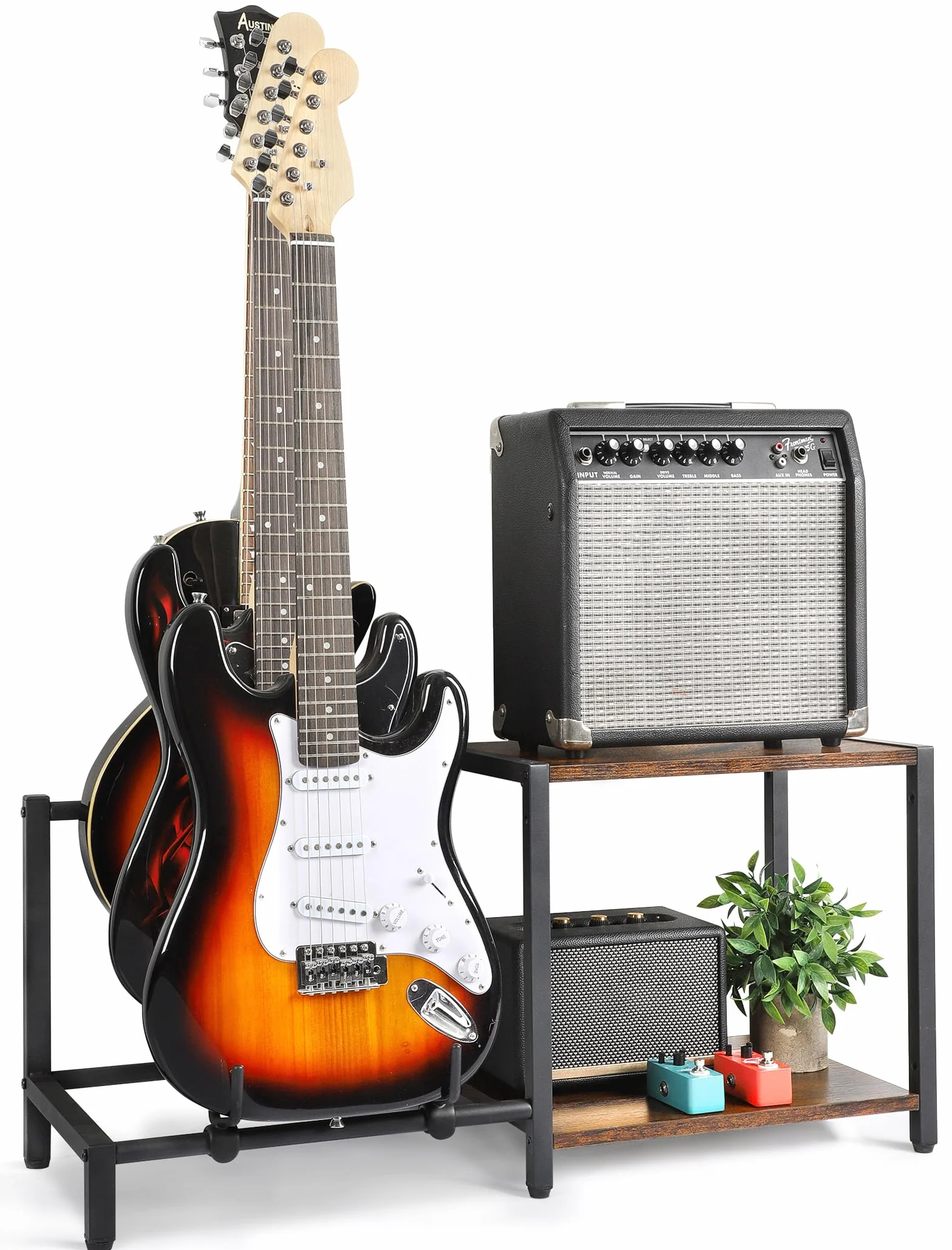 Stojak gitarowy podłogowy, 3-uchwytowa elektryczna gitara basowa ze stojakiem na wzmacniacz gitarowy, regulowany uchwyt gitarowy, stojak gitarowy na wiele gitar i akcesoriów gitarowych