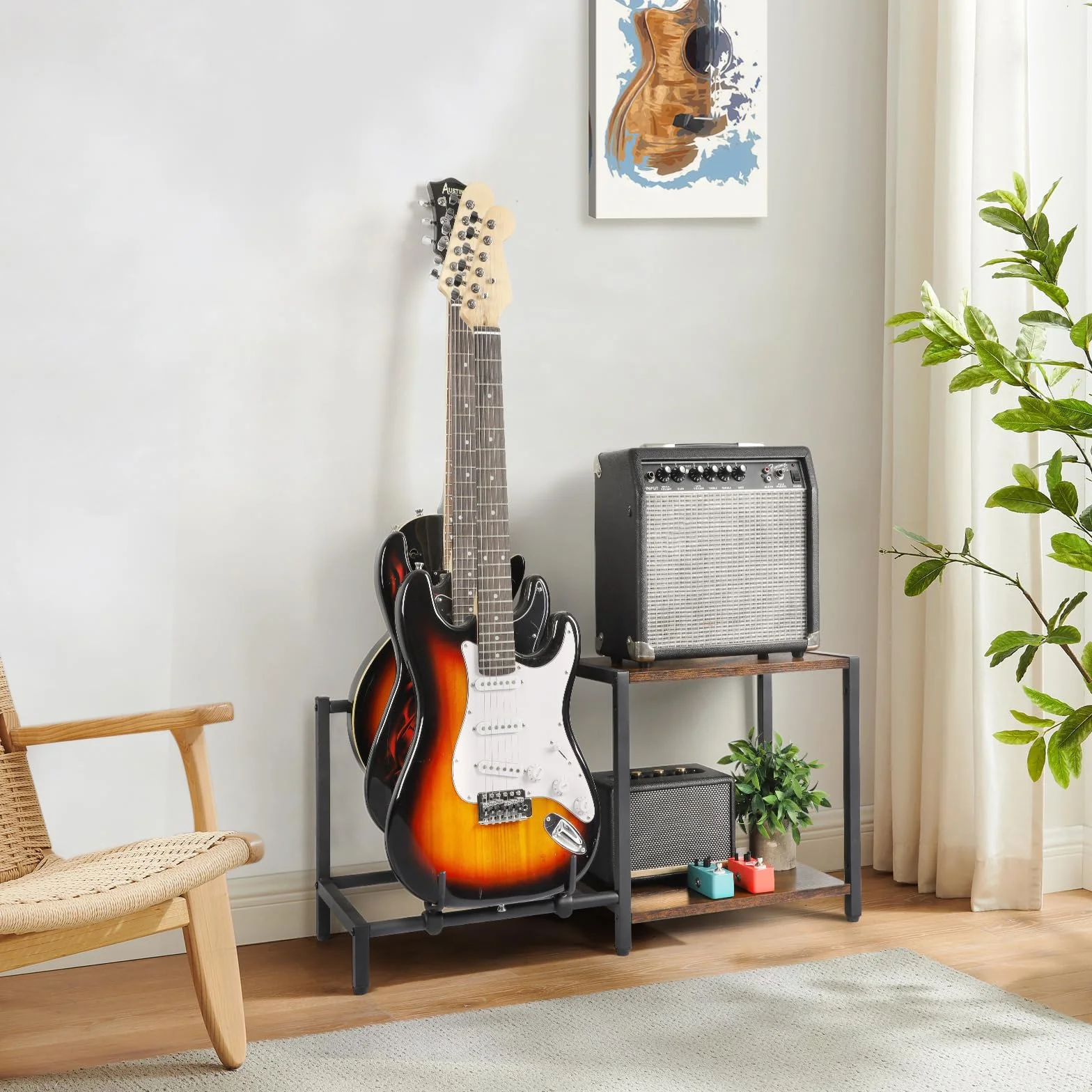 Stojak gitarowy podłogowy, 3-uchwytowa elektryczna gitara basowa ze stojakiem na wzmacniacz gitarowy, regulowany uchwyt gitarowy, stojak gitarowy na wiele gitar i akcesoriów gitarowych