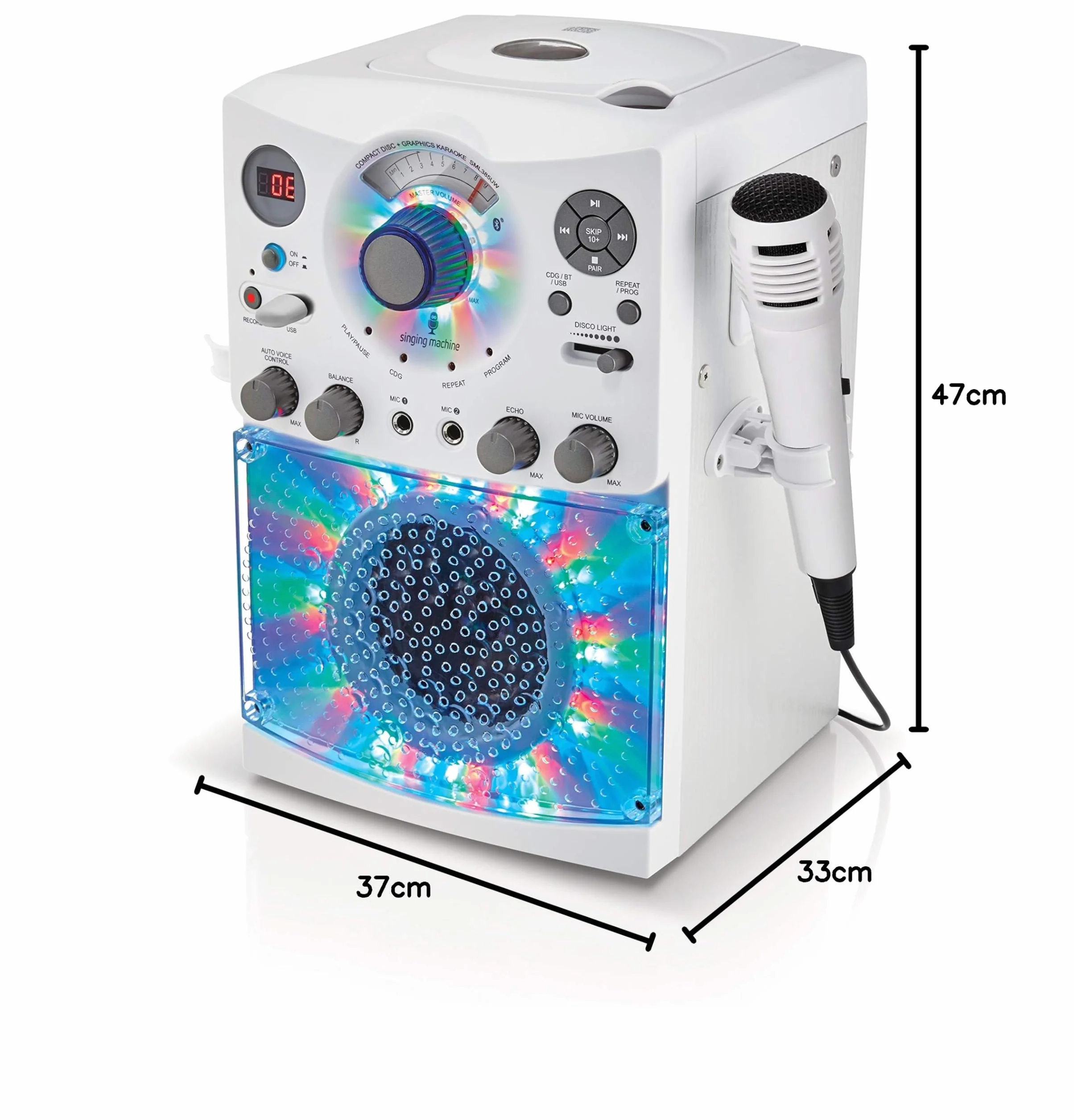 Singing Machine SML385U system karaoke ze złączem Bluetooth – biały dla Europy – efekty świetlne LED, mikrofon, USB, wyjścia RCA, regulator echa i równowagi oraz wejście AUX.