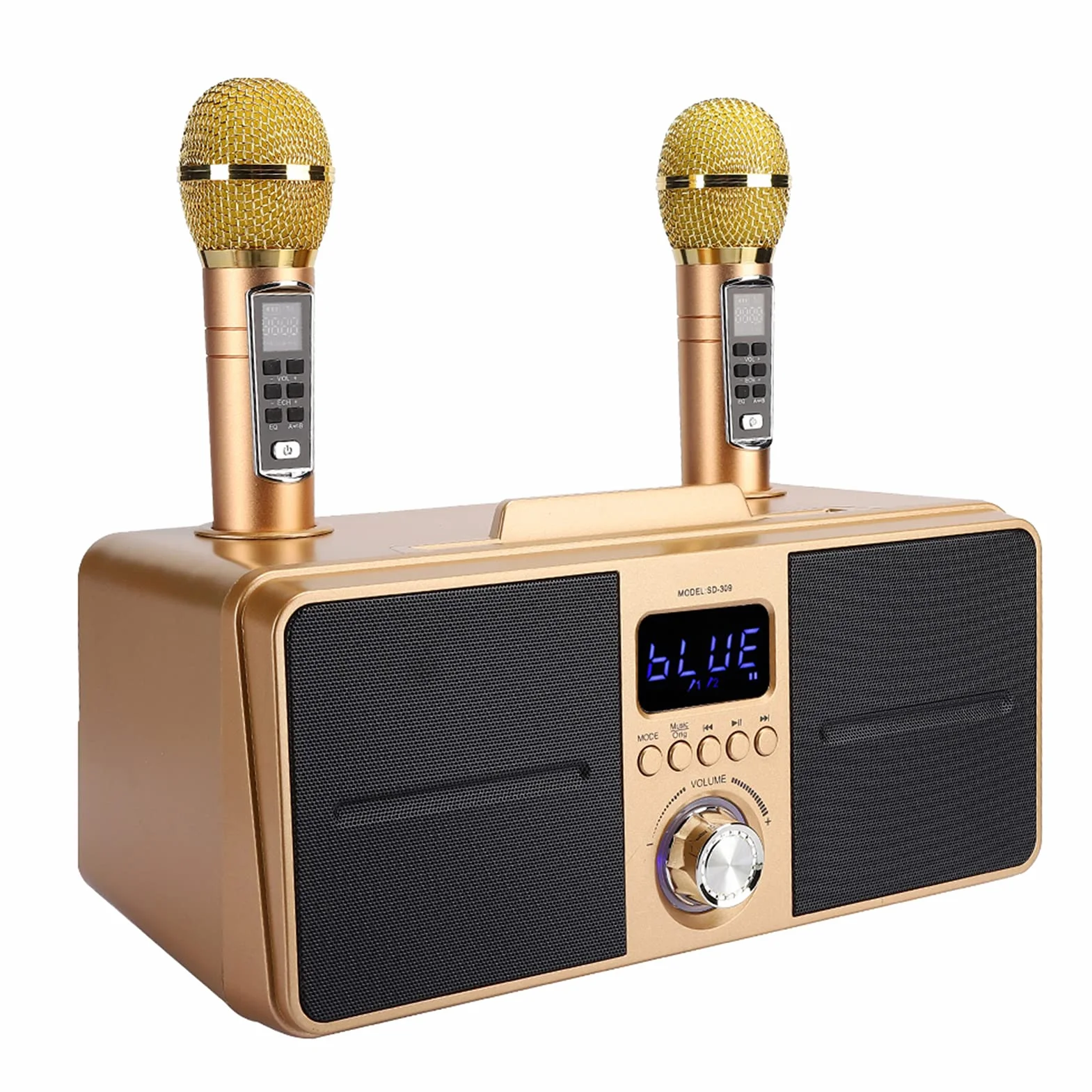 Przenośny zestaw mikrofonów do karaoke z podwójnym mikrofonem bezprzewodowym, Bluetooth 4.2, karta pamięci, AUX, dysk flash USB do domowej karaoke, spotkania, imprezy, kościoła itp. (złoty)
