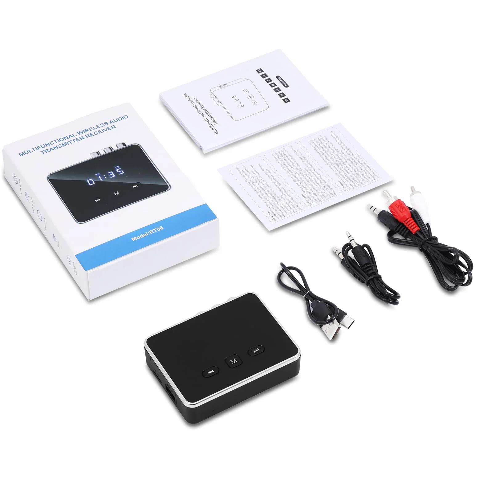 OQIMAXNadajnik Bluetooth 5.4, 3 w 1 adapter Bluetooth/AUX/RCA/optyczny, transmiter Low Latency, odbiornik do TV/PC, system stereo, obsługuje kartę TF/USB