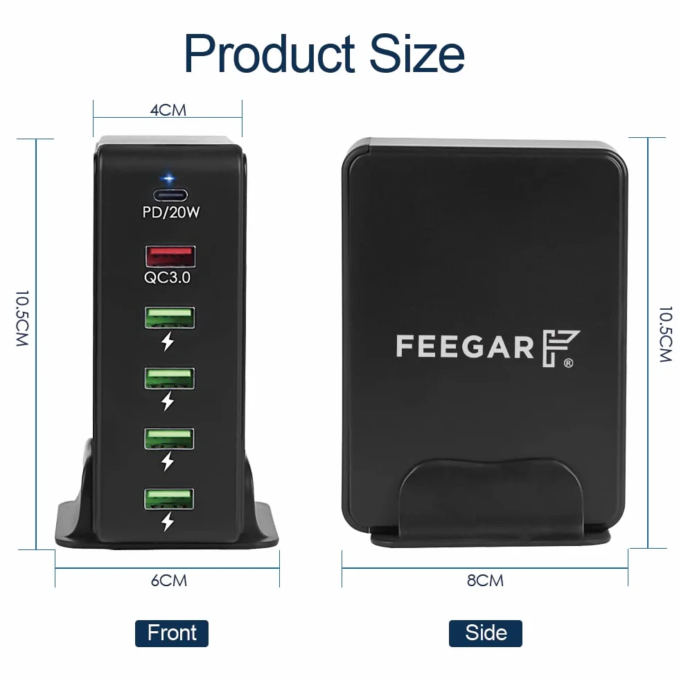 Stacja ładująca Feegar Tower 86W USB 6-portowa ładowarka sieciowa na biurko, przenośna wieloportowa ładowarka USB z 6 USB-A i USB-C PD Quick Charge QC 3.0